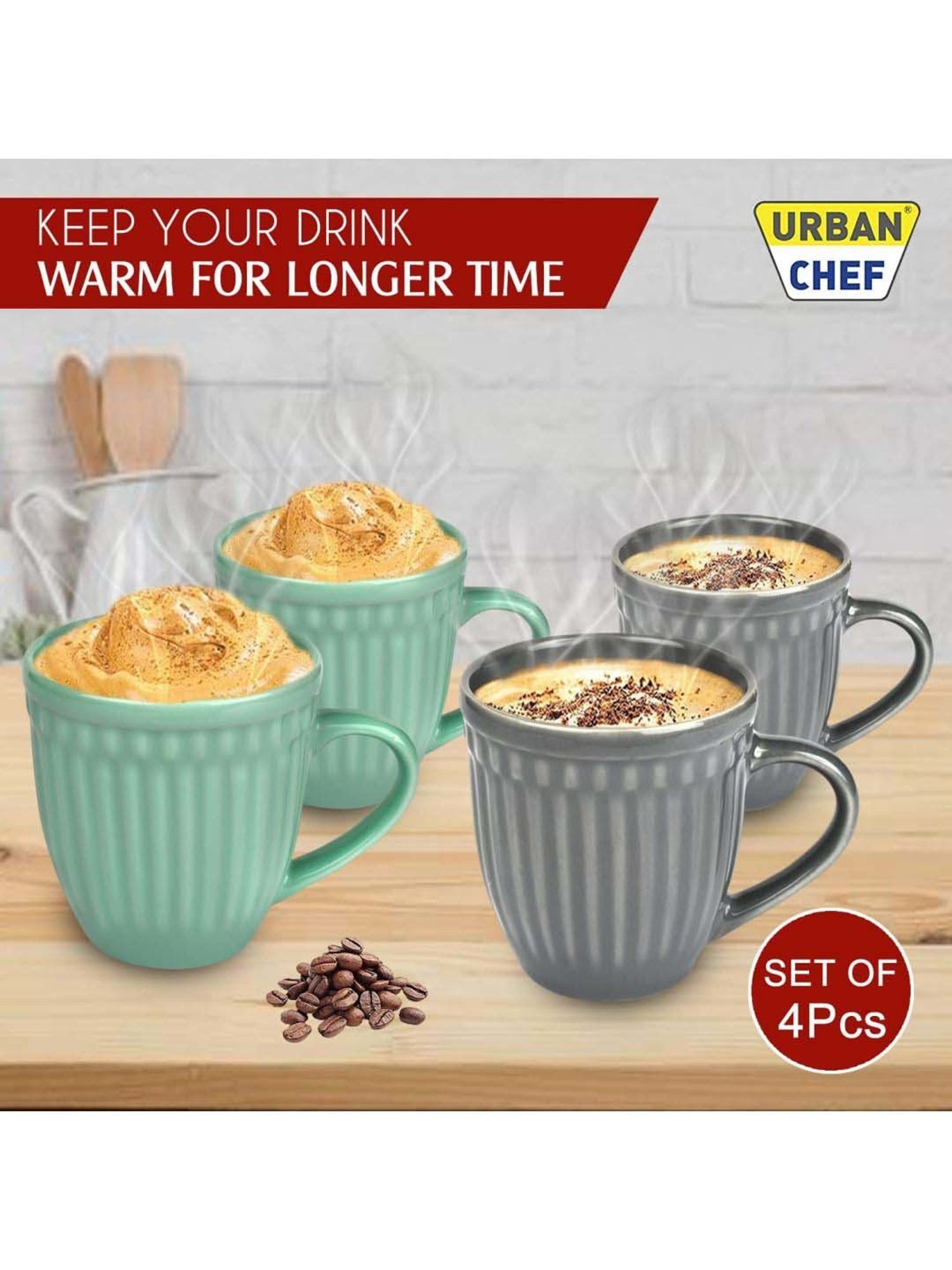 Urban Chef Grey & Green Ceramic Handcrafted Microwave Safe Tea Cup - Set of 4