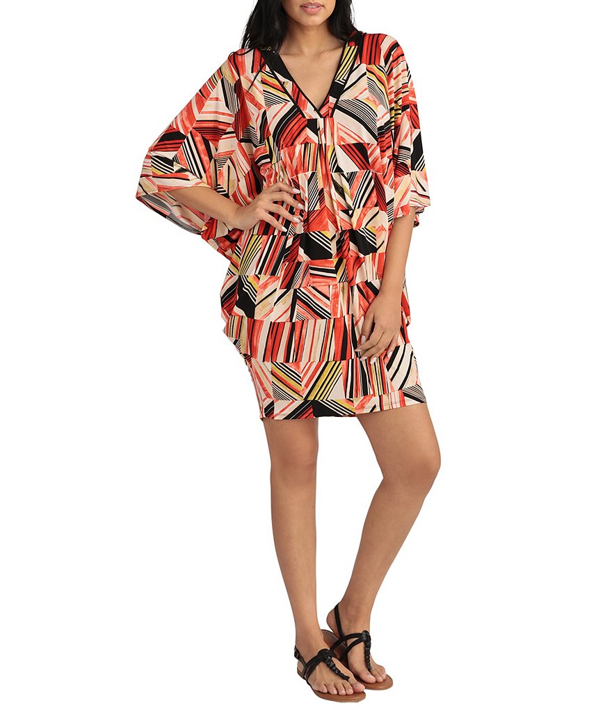 London Times Printed V-Neck Jersey Caftan Dress