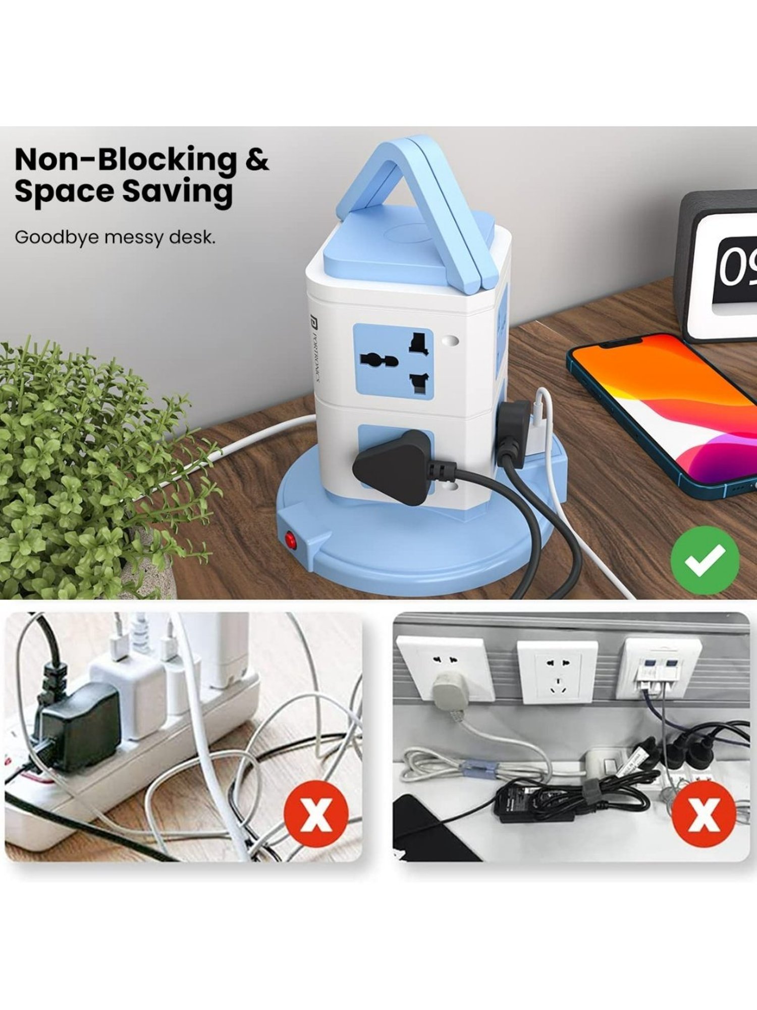 Portronics Power Plate 9 with 3 USB Ports, 8 Power Sockets 3M Cord Length (Blue)