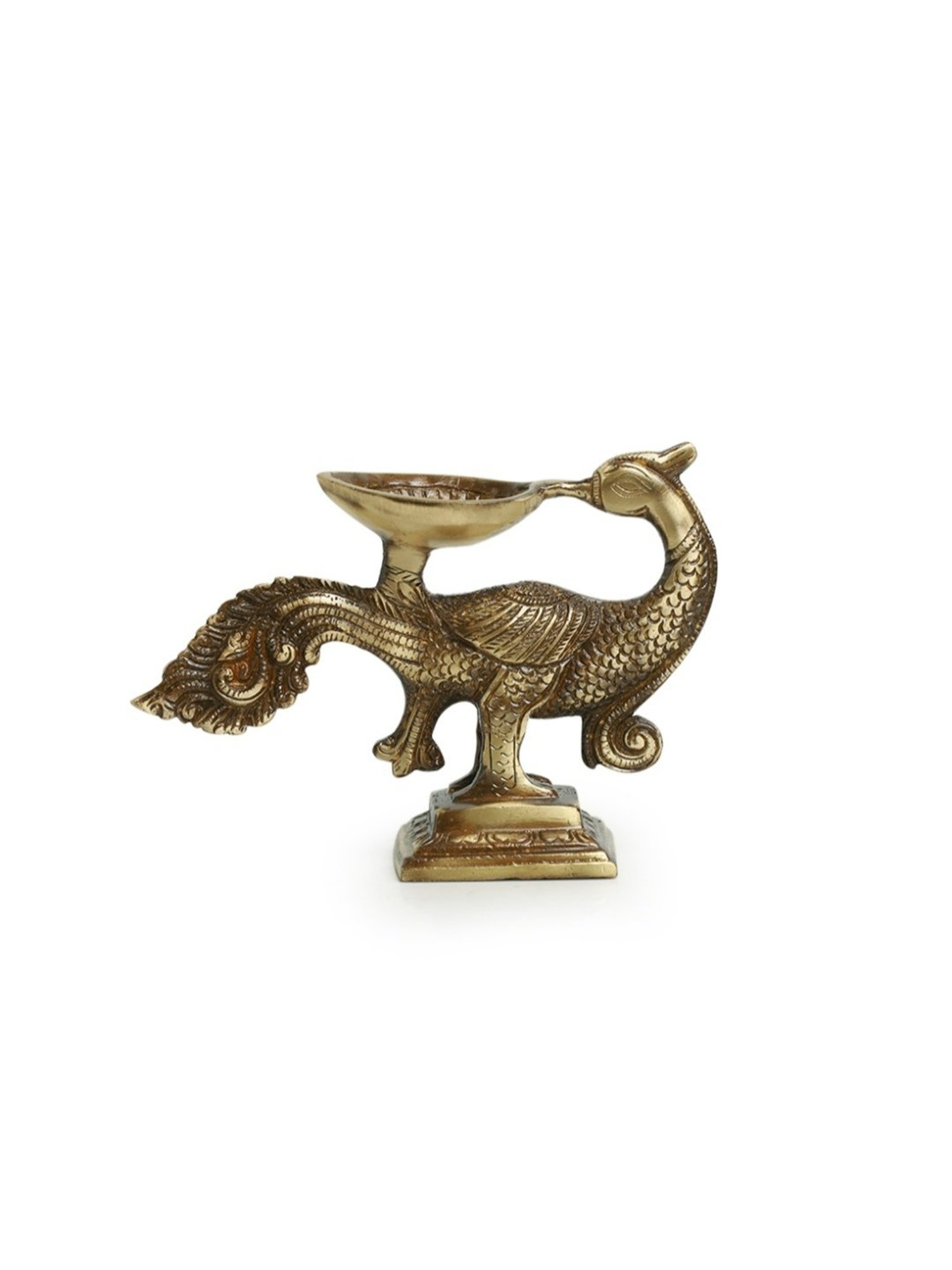 ExclusiveLane Gold Brass Glowing Peacock Hand-Etched Carved Diya