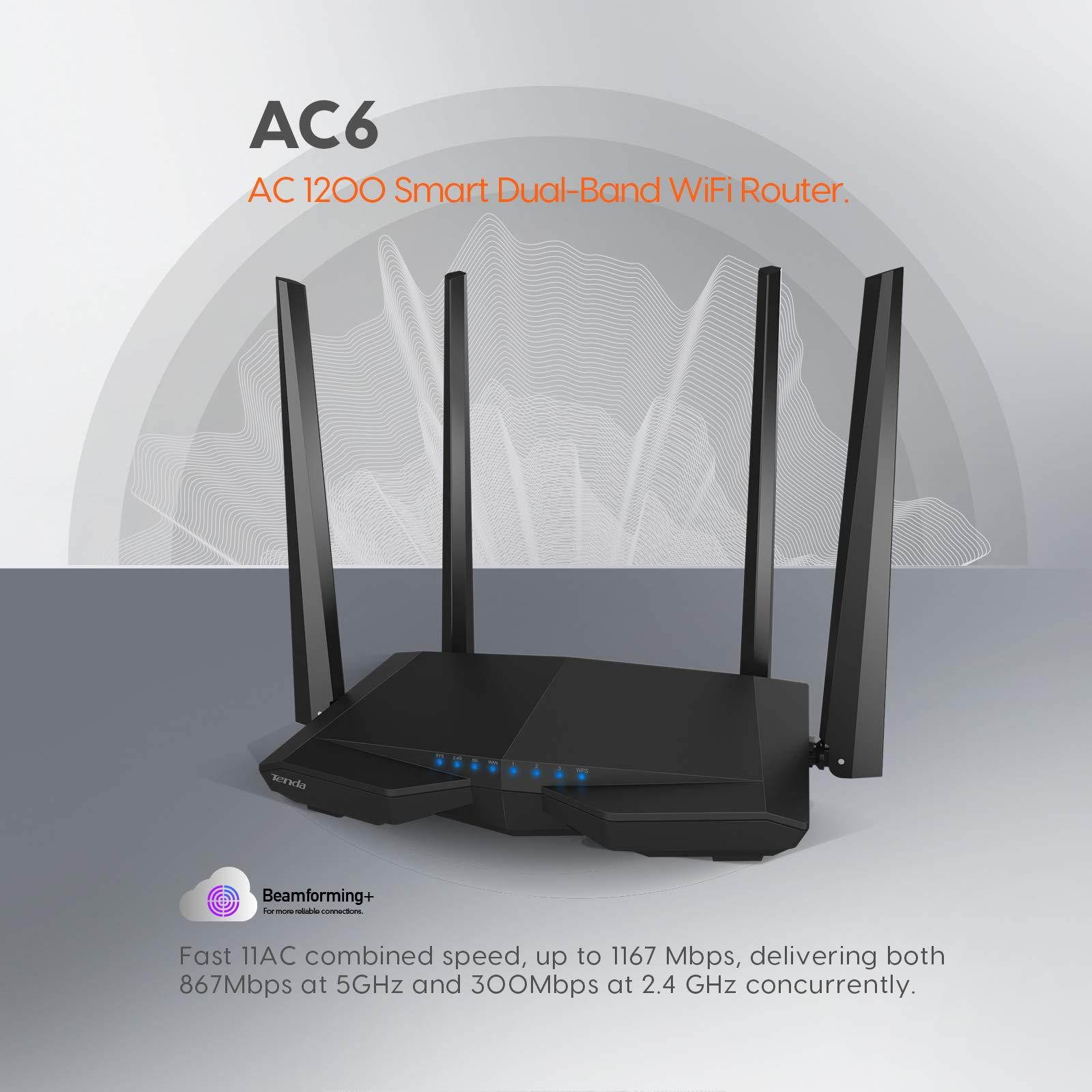 Tenda AC1200 Dual Band WiFi Router, High Speed Wireless Internet Router with Smart App, MU-MIMO for Home (AC6),Black