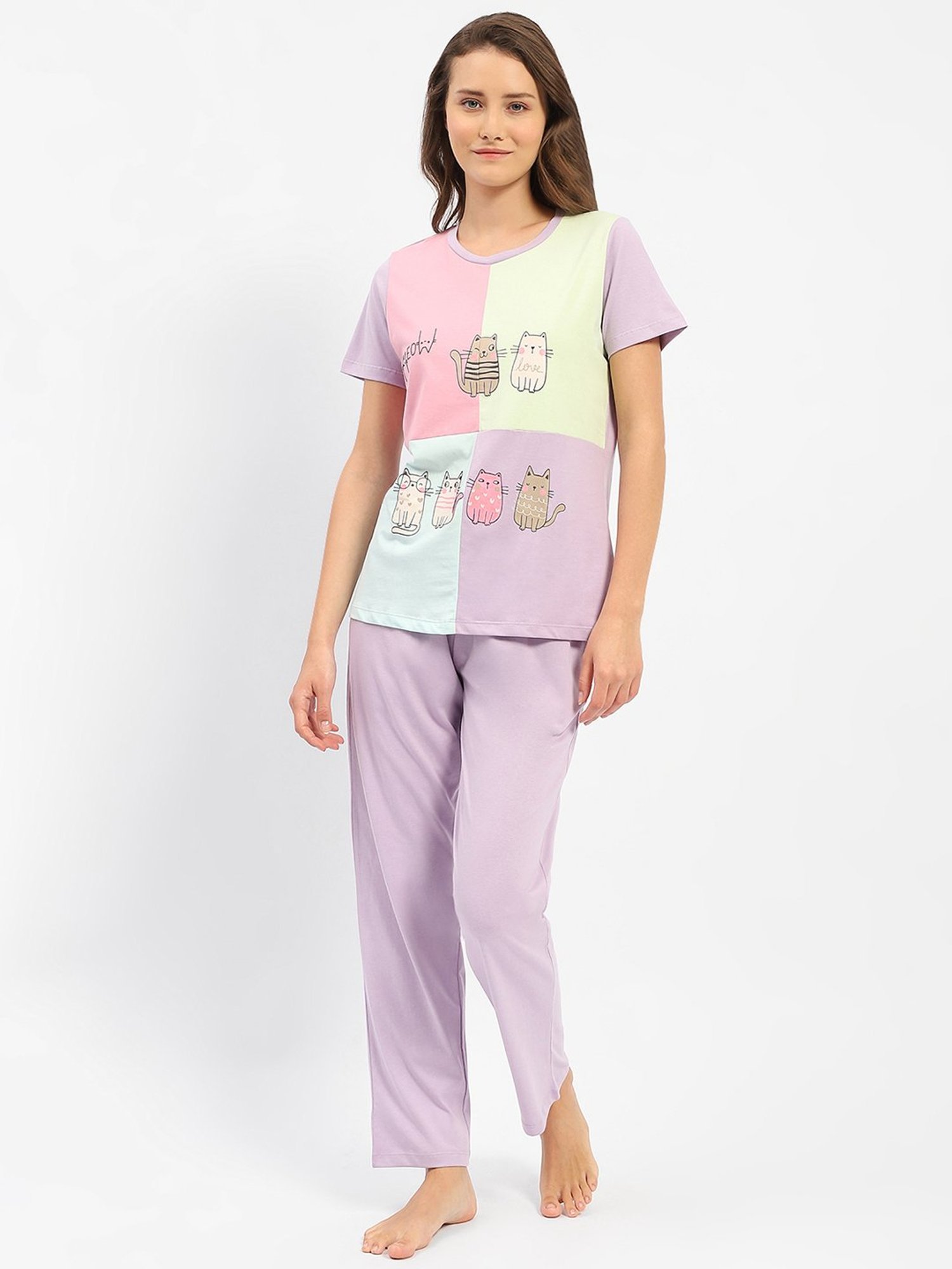 MADAME M Secret Mauve Cotton Color-Block T-Shirt With Pyjamas