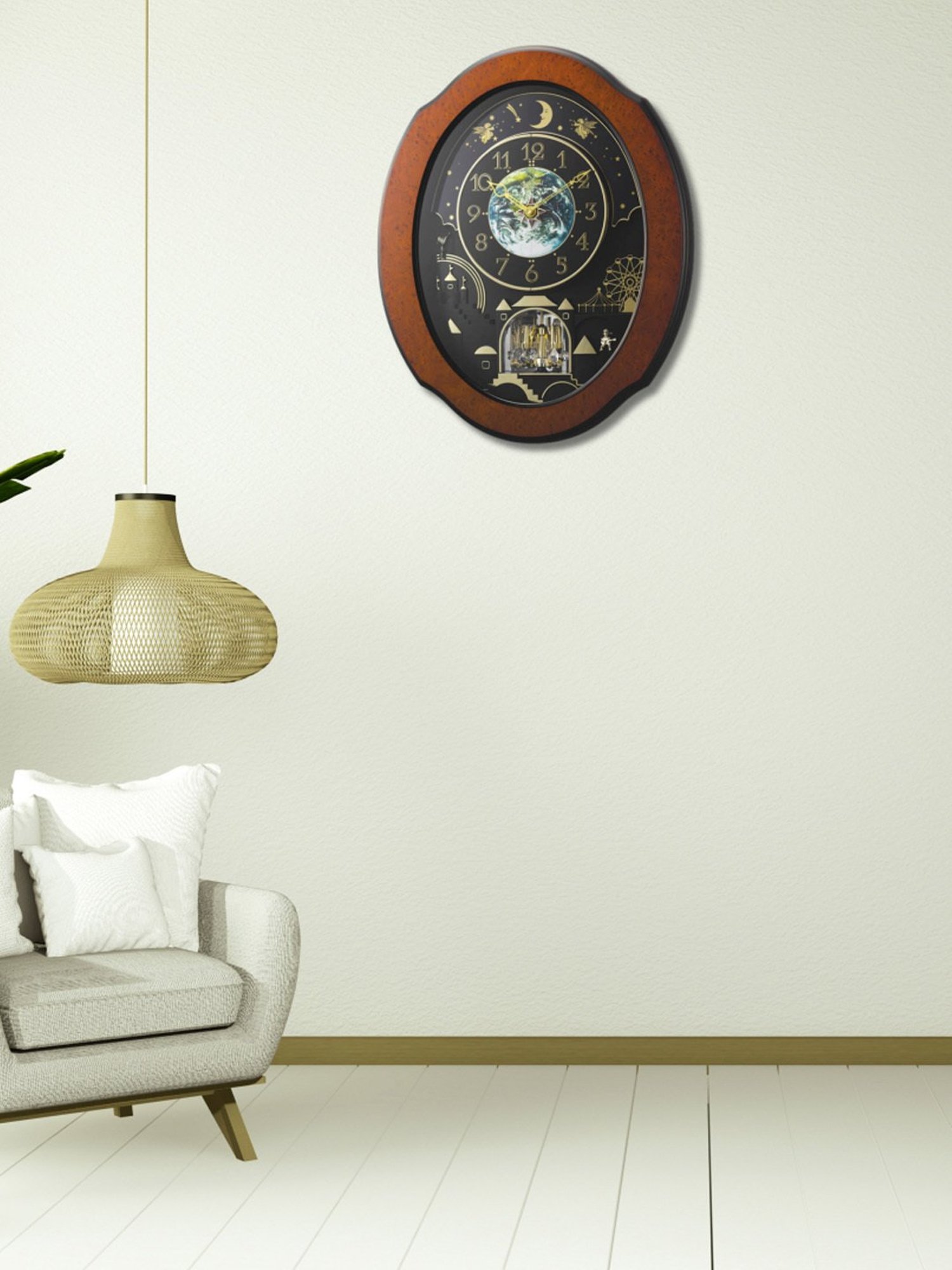 RHYTHM Brown Wood Stylish Oval Shaped Melodies In Motion Wall Clock