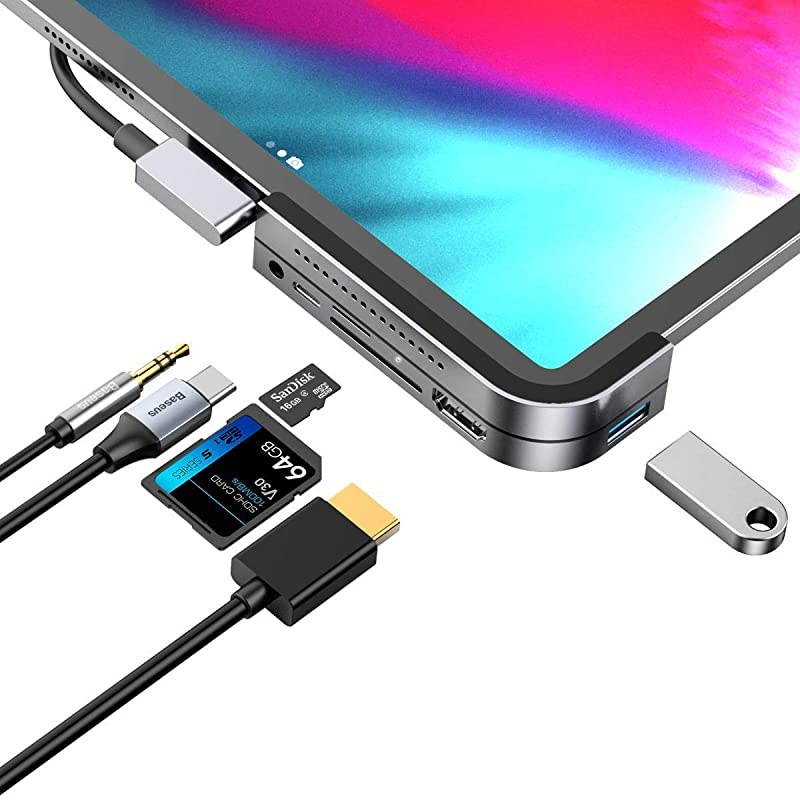 iPad Pro USB C Hub, iPad Pro Docking Station,  6-in-1 Aluminum iPad Pro Dongle USB Type-C Adapter with 4K HDMI, USB-C PD Charging, SD/Micro Card Reader, USB 3.0 & 3.5mm Headphone Jack