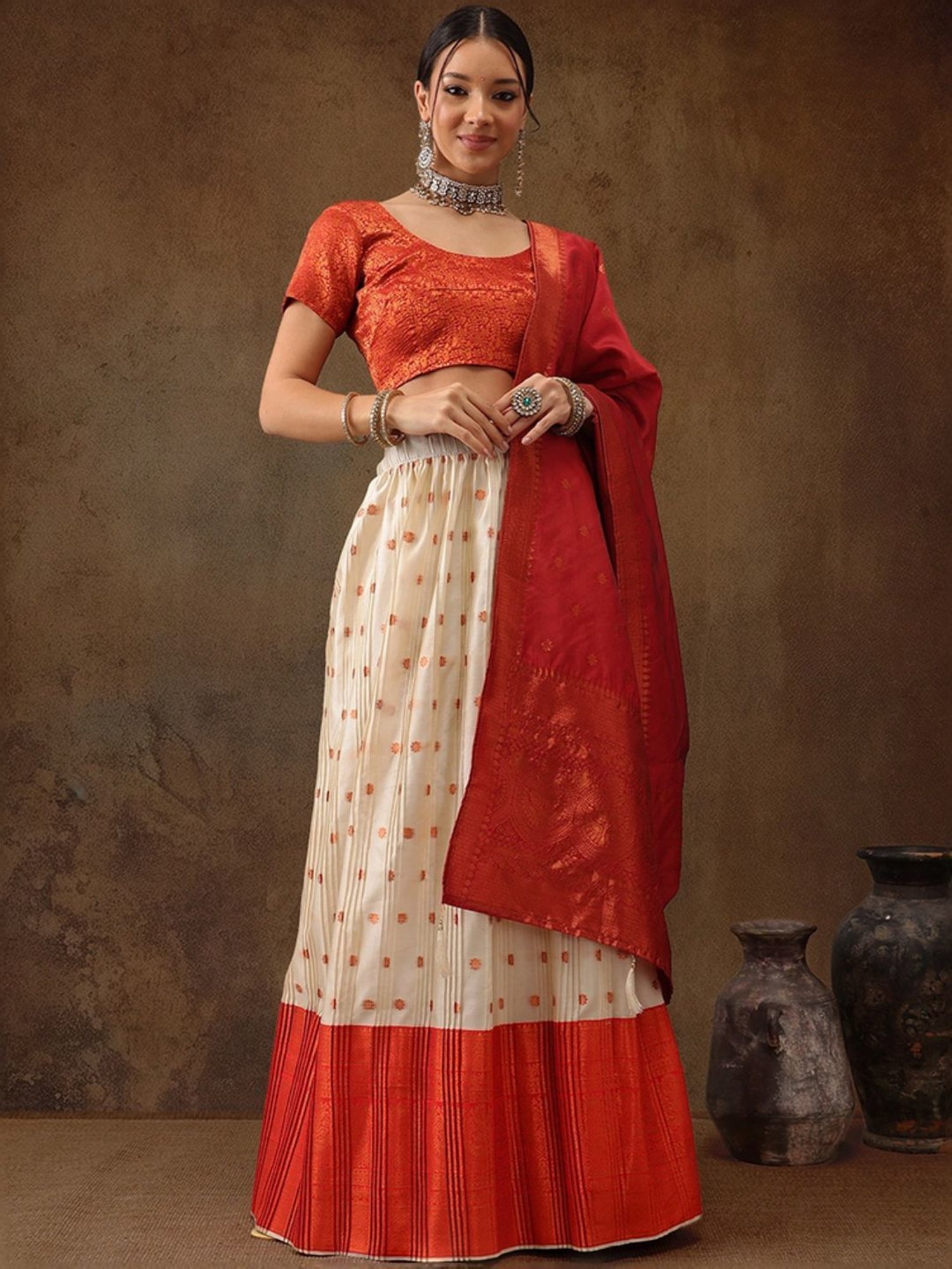 Silk Land Beige & Red Woven Pattern Semi Stitched Lehenga Choli Set With Duppata