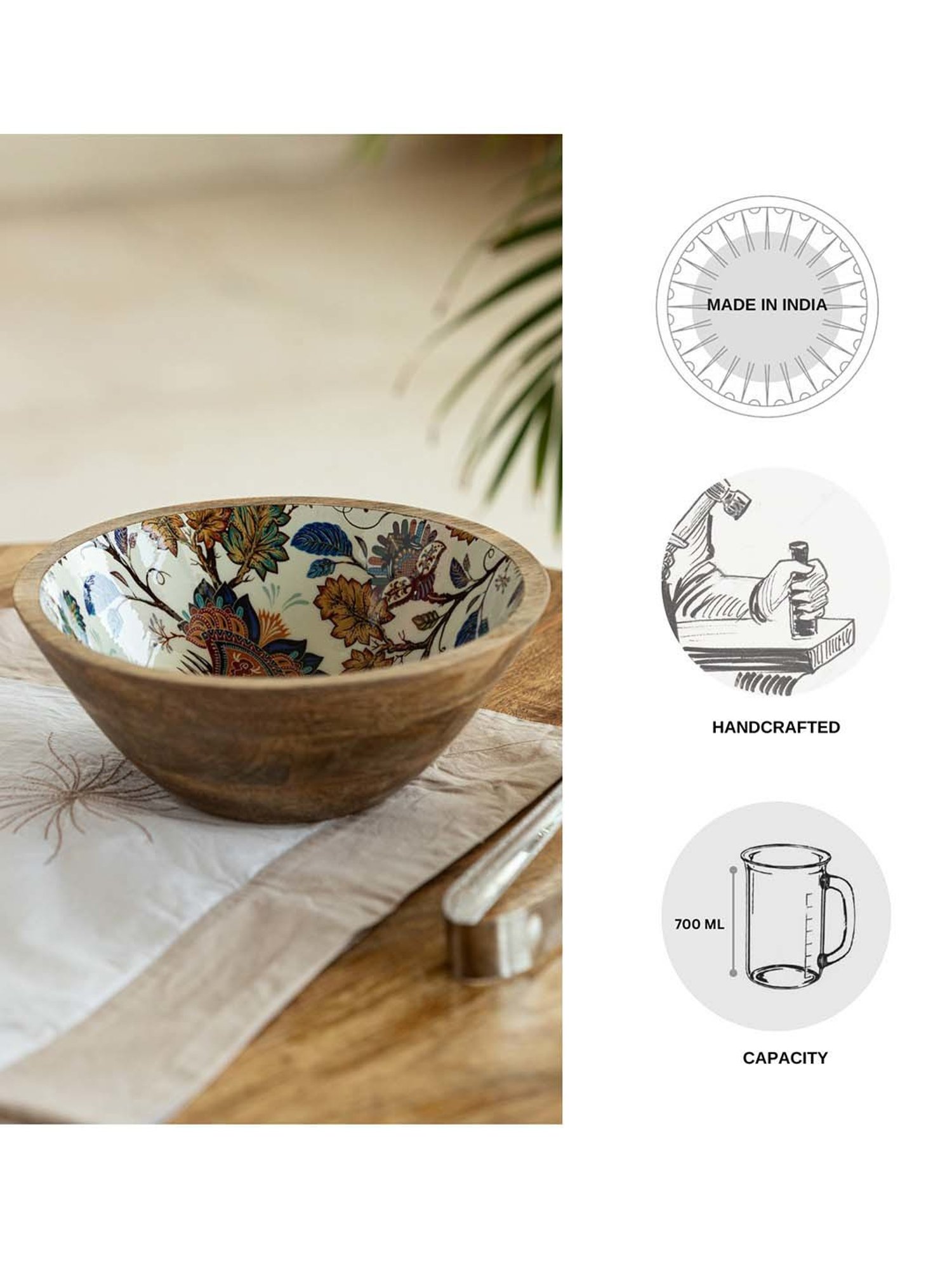 ExclusiveLane Multicolor Mango Wood Floral Chronicles' Handenamelled Serving Salad Bowl