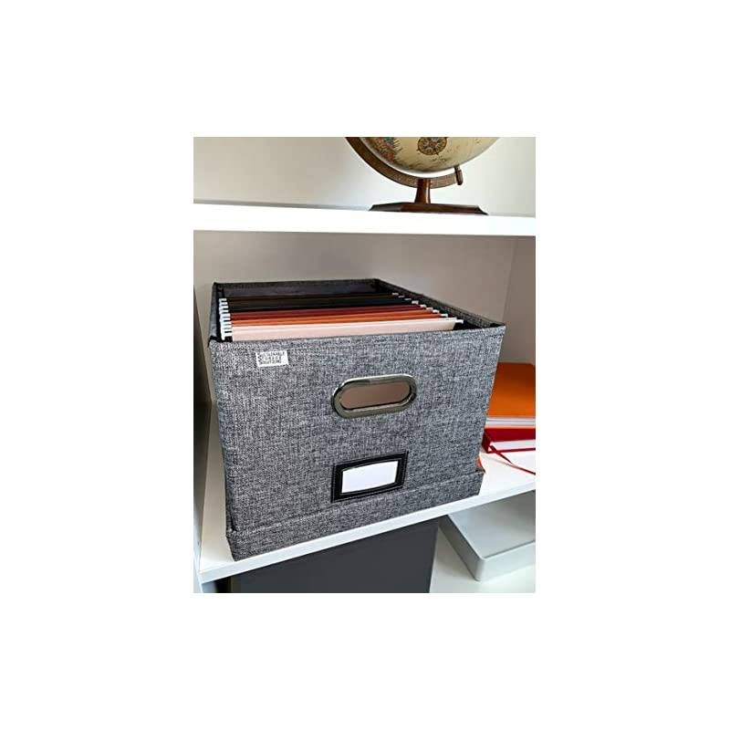 Box Organizer and 10 folders (Letter Size) - Decorative Linen Hanging Box with Lid - Letter/Legal Office Storage Box