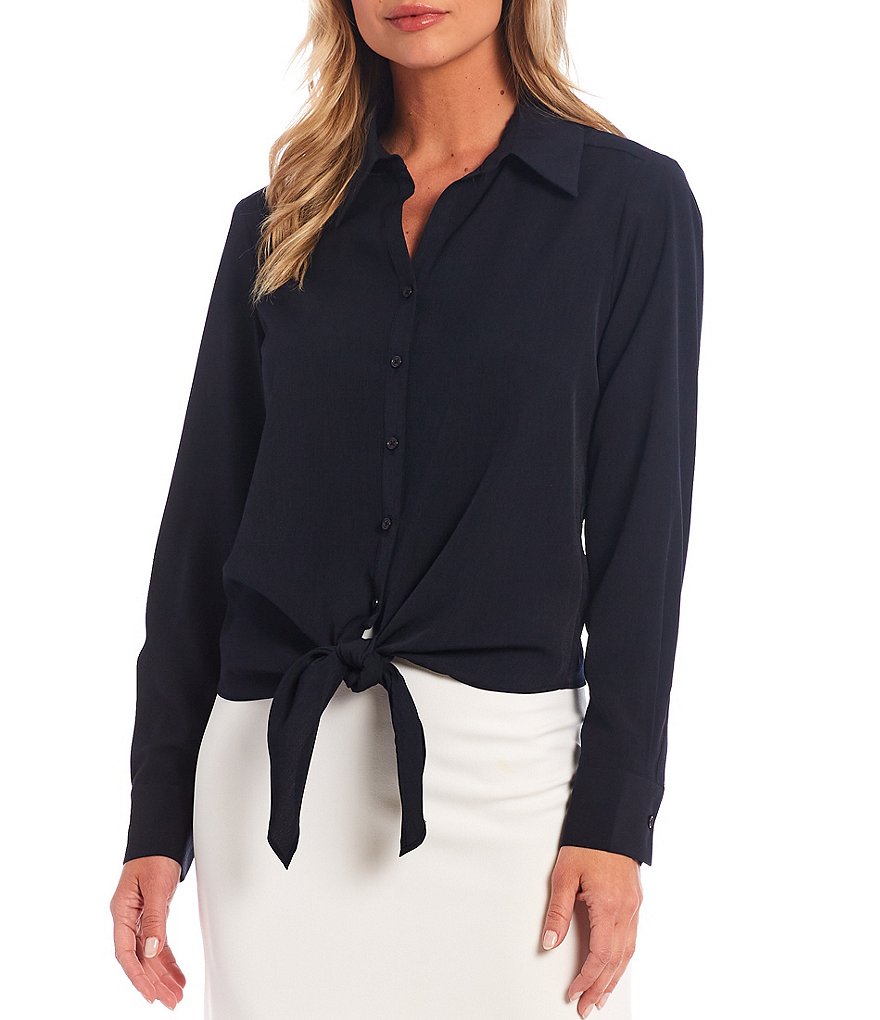 Preston & York Kinsley Tie Front Button Down Long Cuff Sleeve Woven Shirt