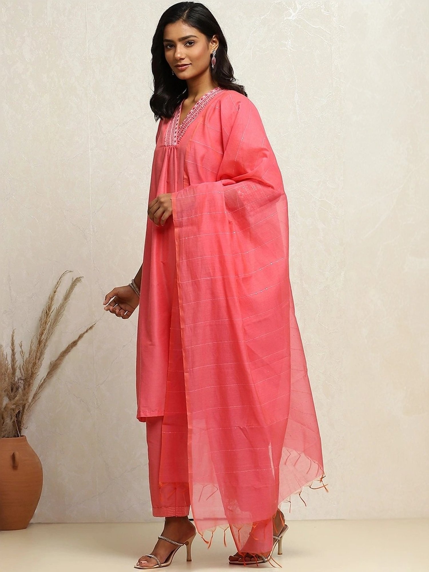Biba Pink Embroidered Kurta Pant Set With Dupatta