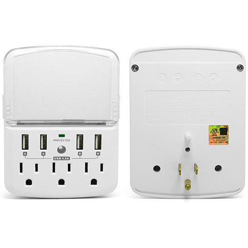 RND Wall Power Station includes 3 AC Plugs and 4 USB ports (4.8A total) with Surge Protection and a slide-out holder and shelf for iPhone  Galaxy (S  Note)  LG  HTC One  Moto X  Nexus (White)