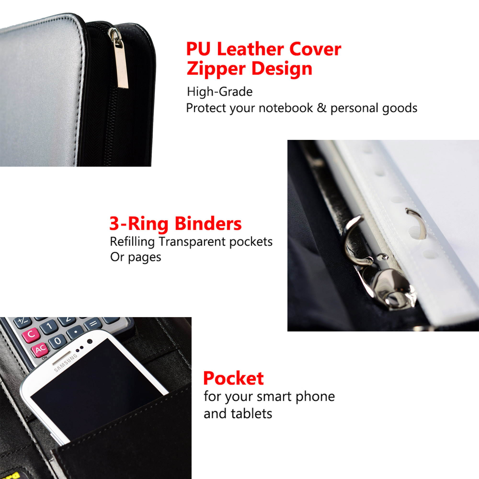 Black PU Leather Padfolio Organizer Documents Holder with Notepad & Calculator