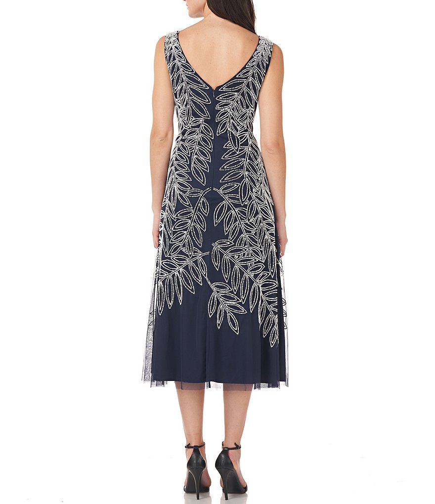 JS Collections Beaded Mesh Sleeveless V-Neck Midi Dress