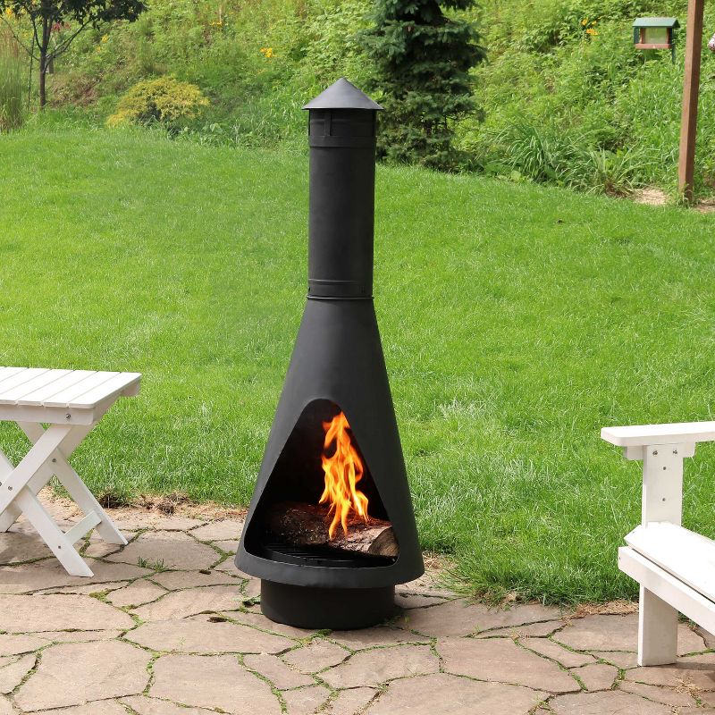Sunnydaze Outdoor Backyard Patio Steel Wood-Burning Fire Pit Chiminea with Rain Cap, Wood Grate, and Fire Poker - 56" - Black