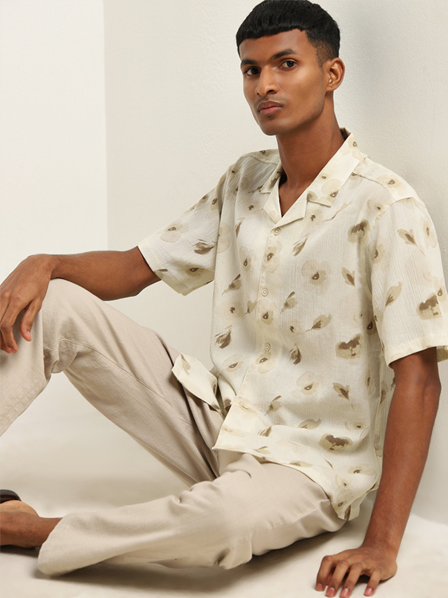 ETA by Westside Beige Floral Printed Relaxed-Fit Cotton Shirt