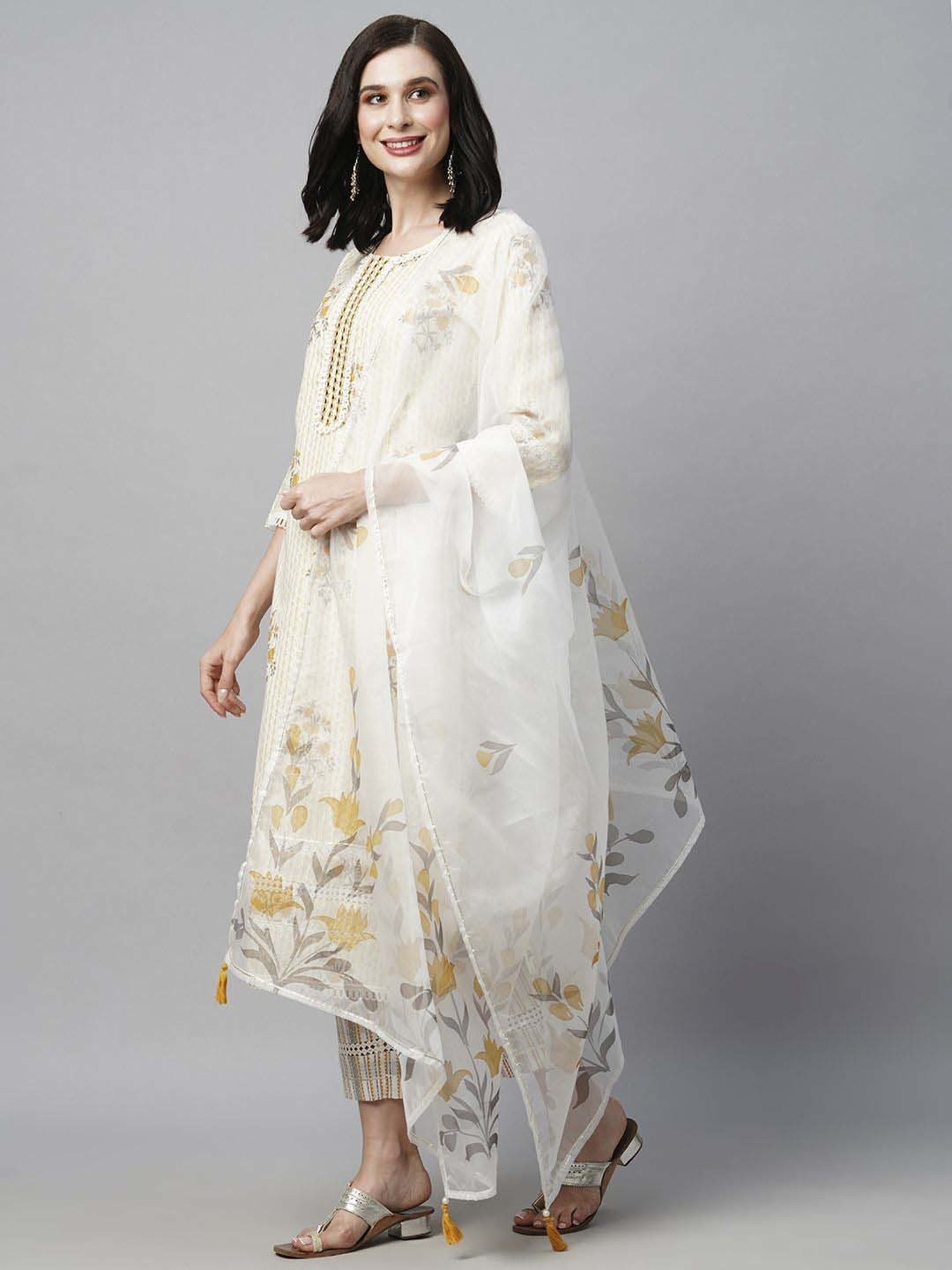 Heeposh White Cotton Printed Kurta Pant Set With Dupatta