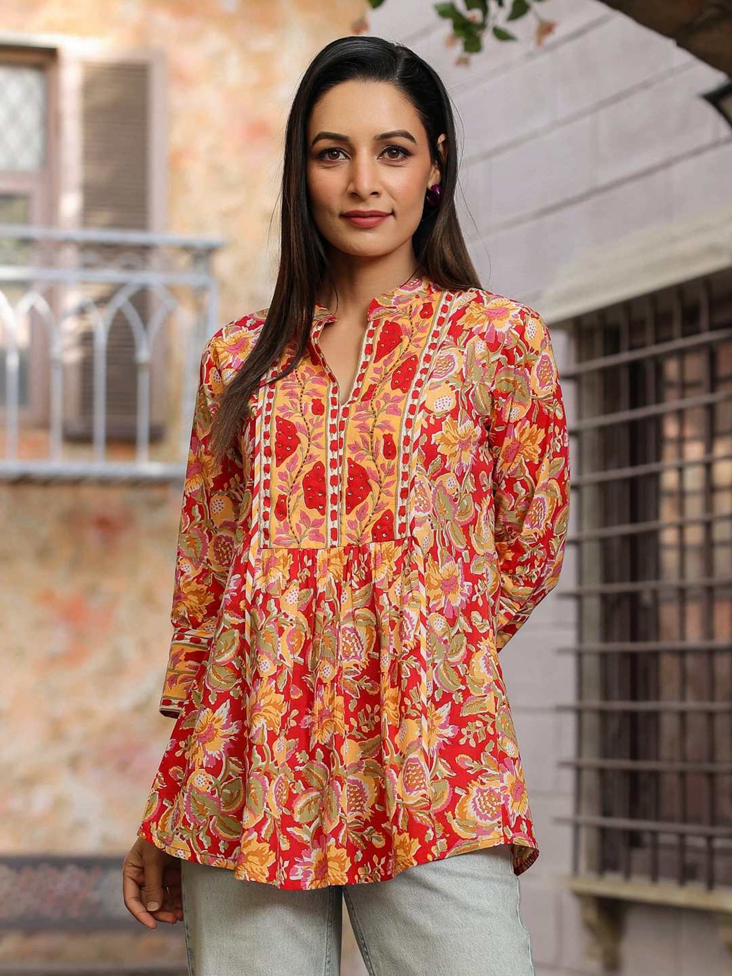 Rain and Rainbow Yellow & Red Cotton Embellished Top