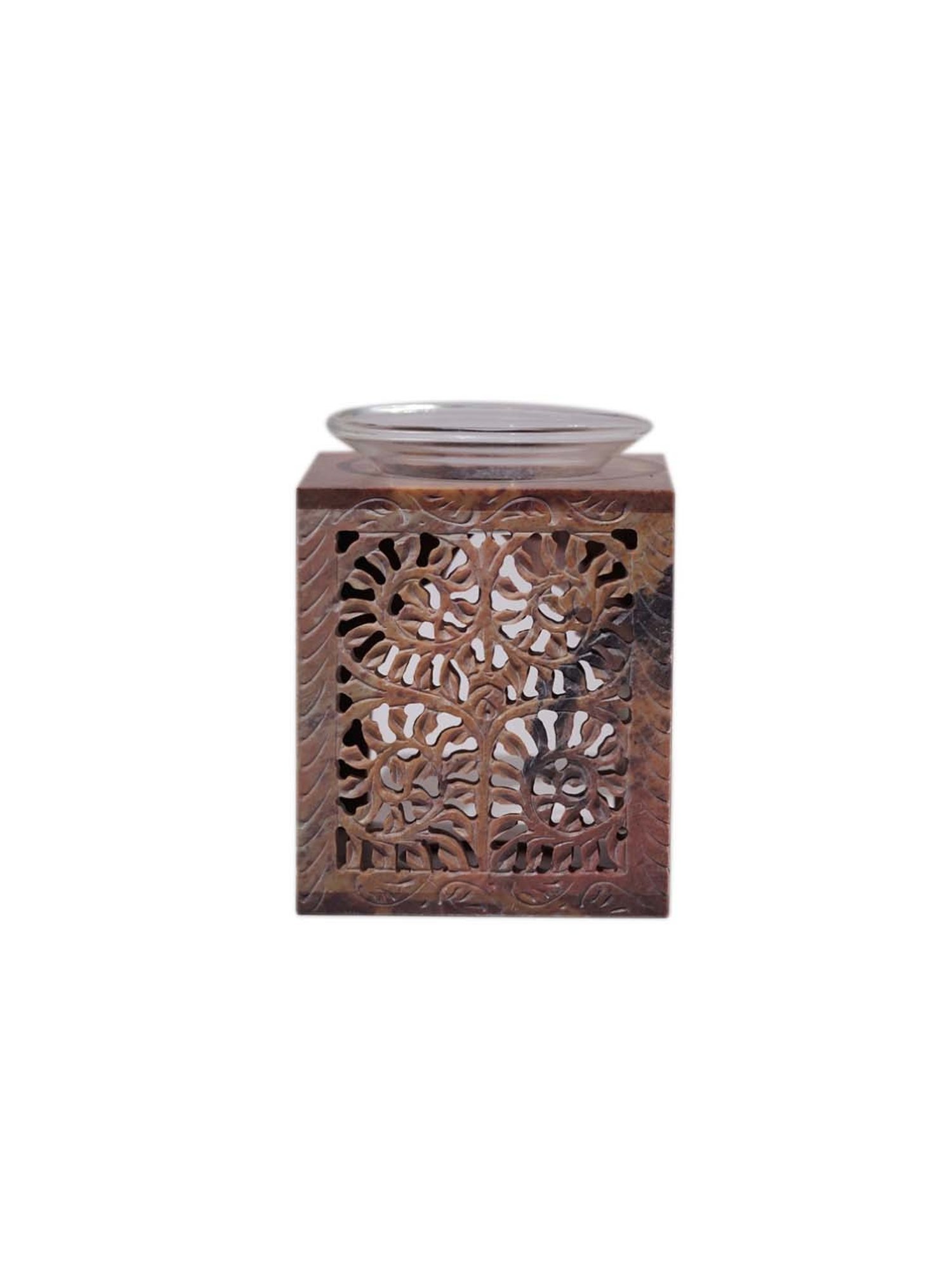 Unravel India 'Flower Motif' Brown Marble Aroma Diffuser With Oil Burner - Set of 1