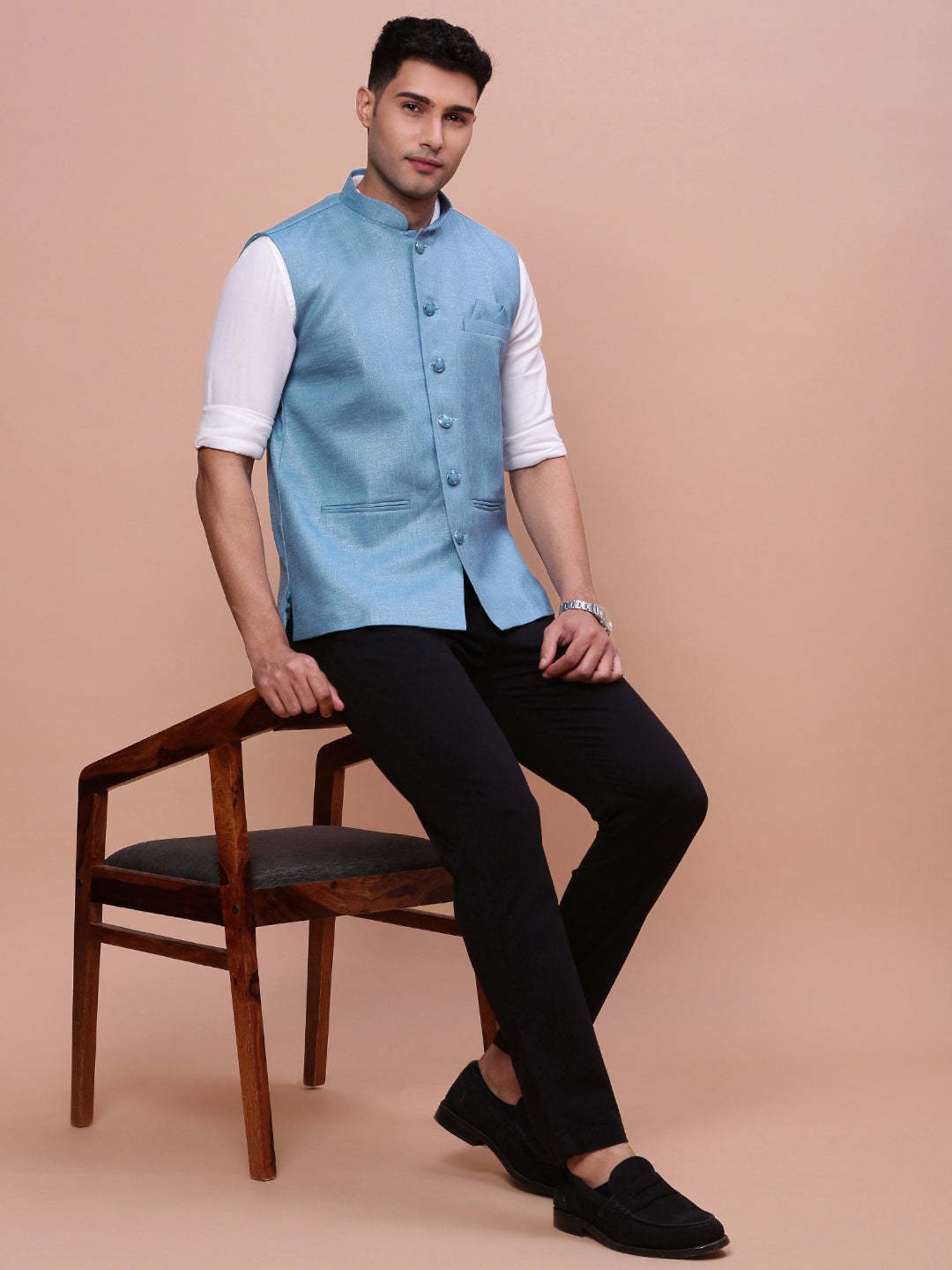 VASTRAMAY Teal Green Regular Fit Printed Nehru Jacket