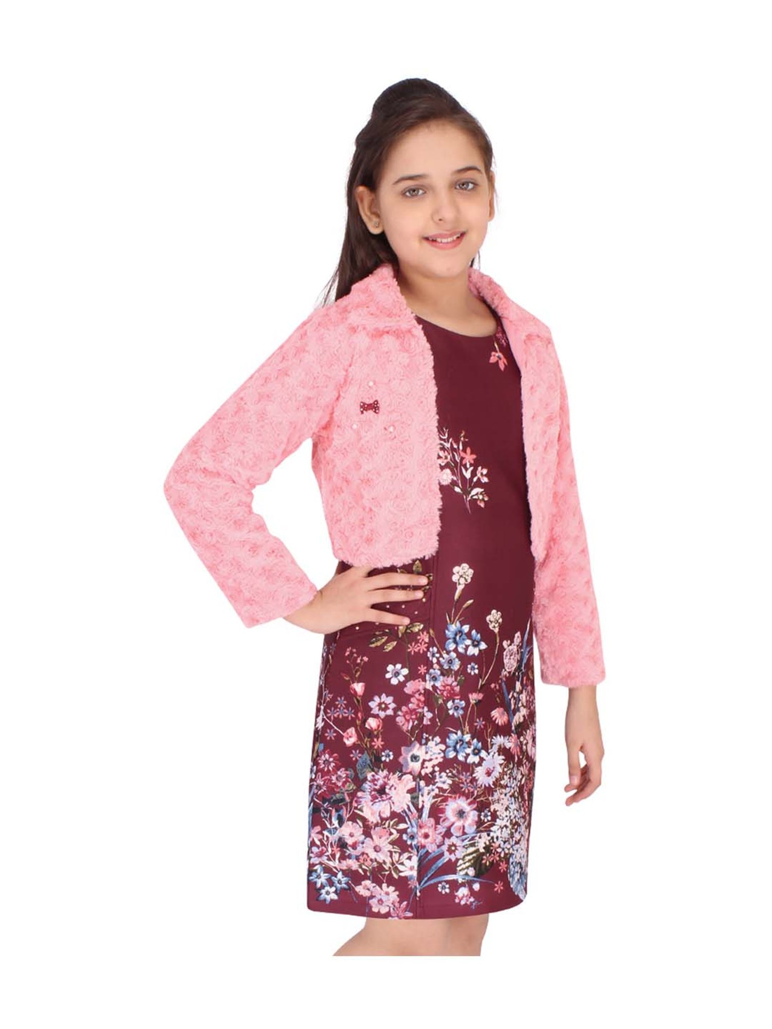 Cutecumber Kids Plum Printed Dress & Shrug