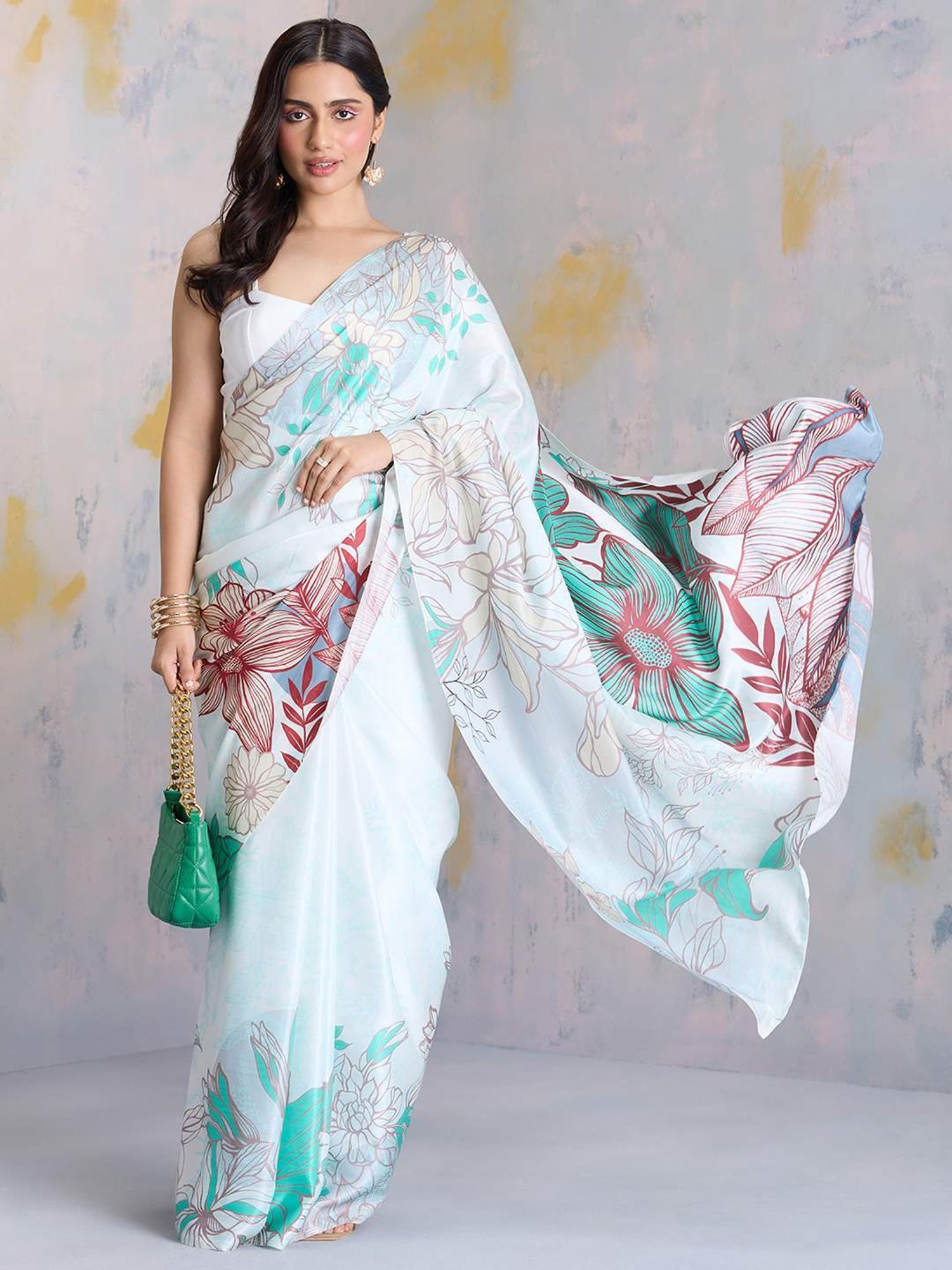 navyasa by liva Green Printed Saree With Unstitched Blouse