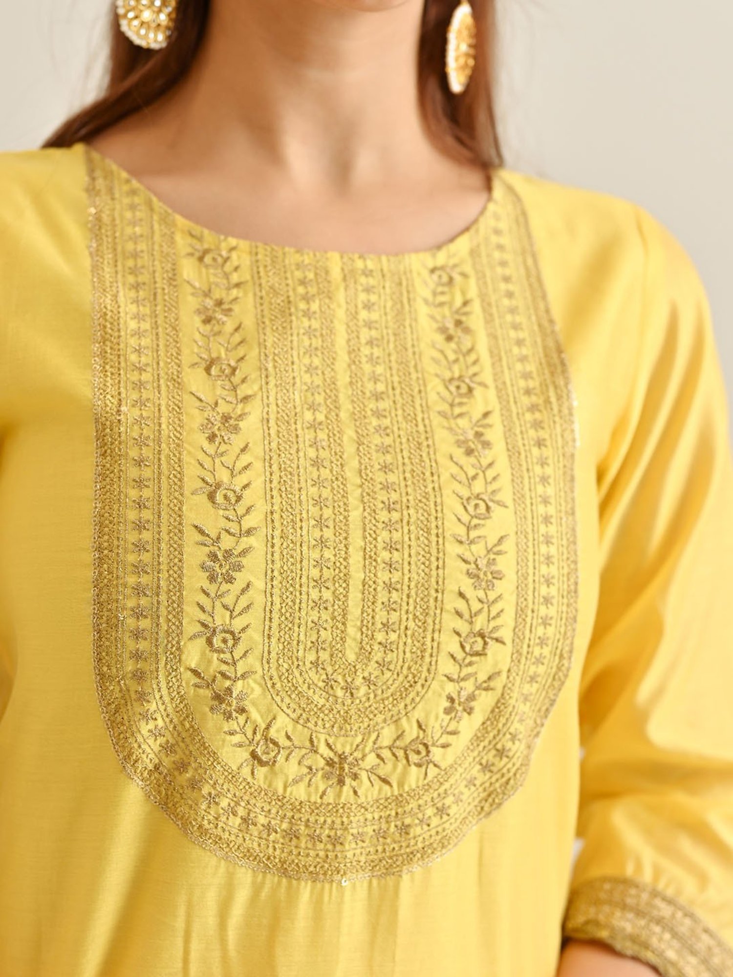 Rustorange Yellow Embroidered Kurta With Pant & Dupatta