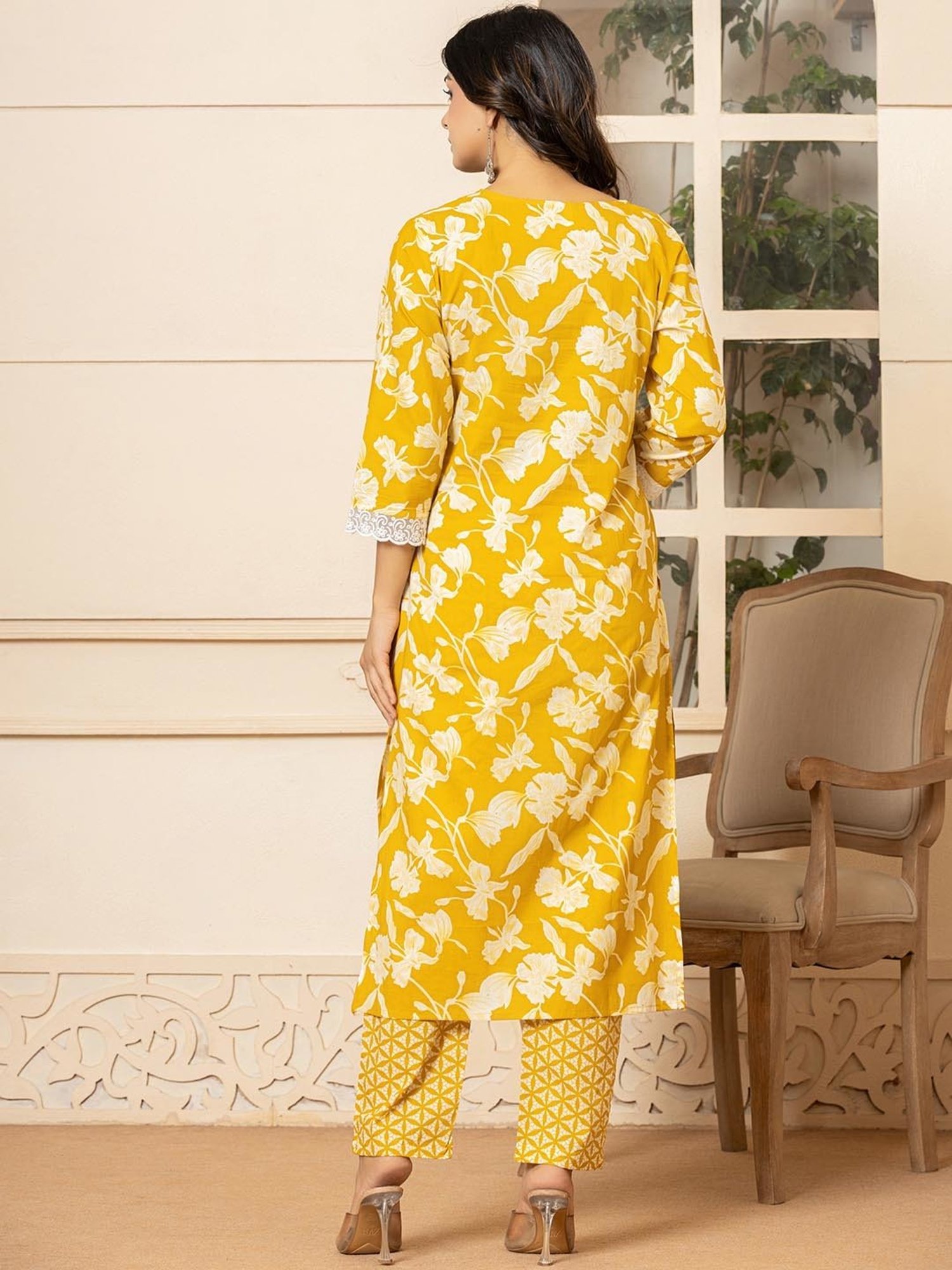 Yufta Mustard Cotton Embroidered Kurta & Pant Set with Dupatta
