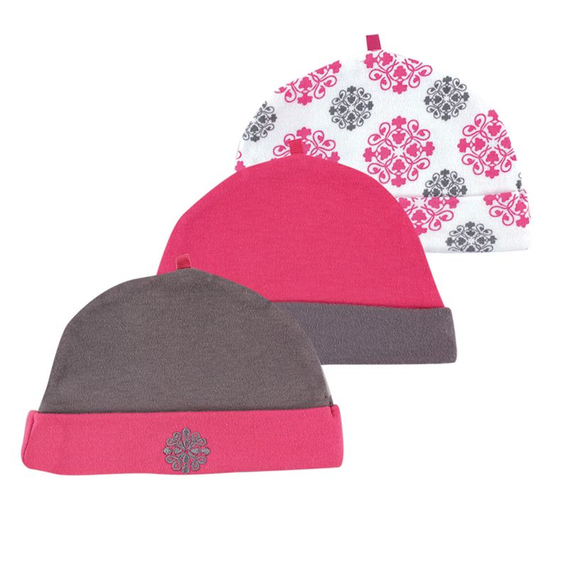 Yoga Sprout Baby Girl Cotton Caps 3pk, Pink Medallion, 0-6 Months