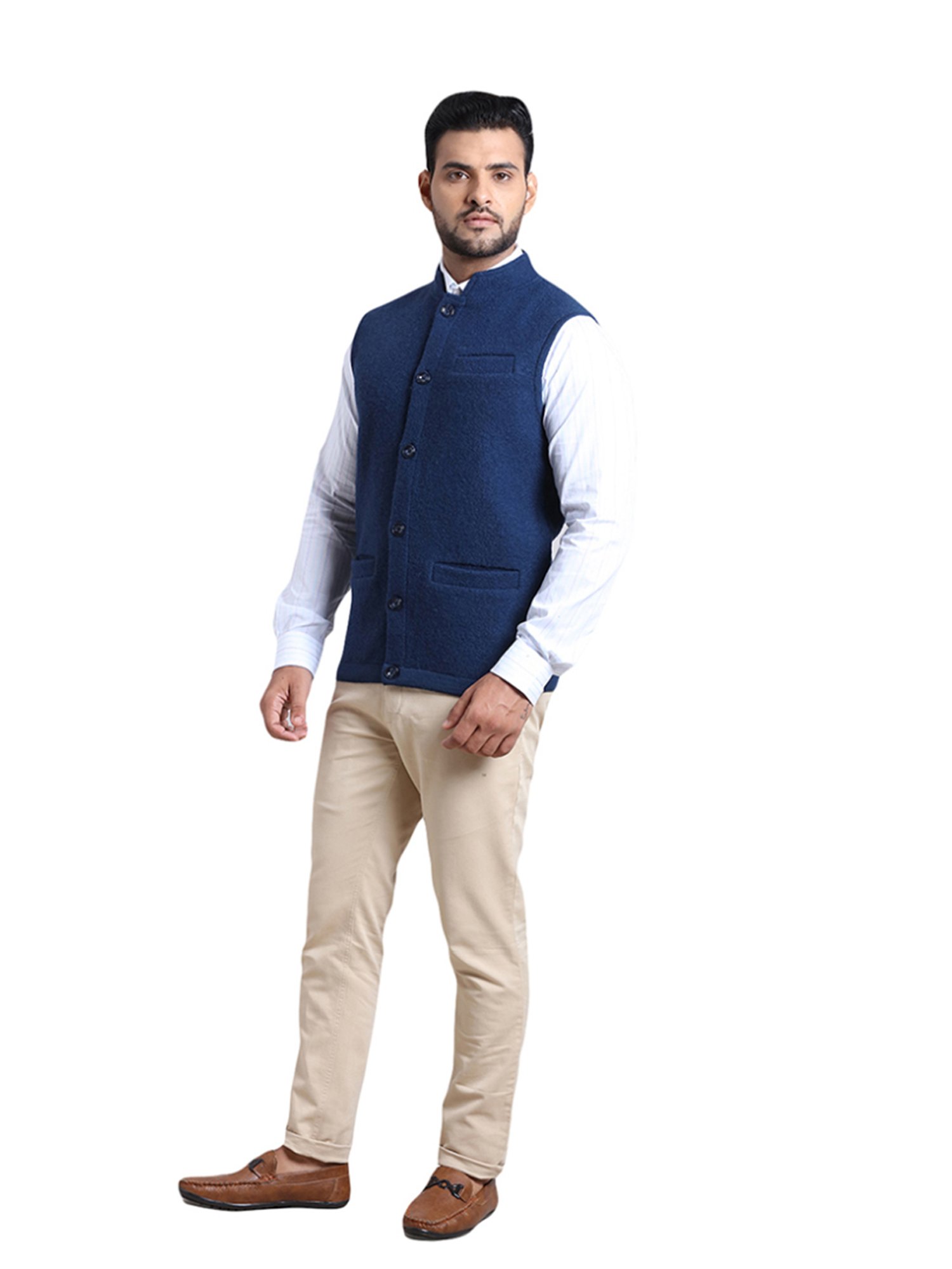 ColorPlus Blue Tailored Fit Self Pattern Nehru Jacket