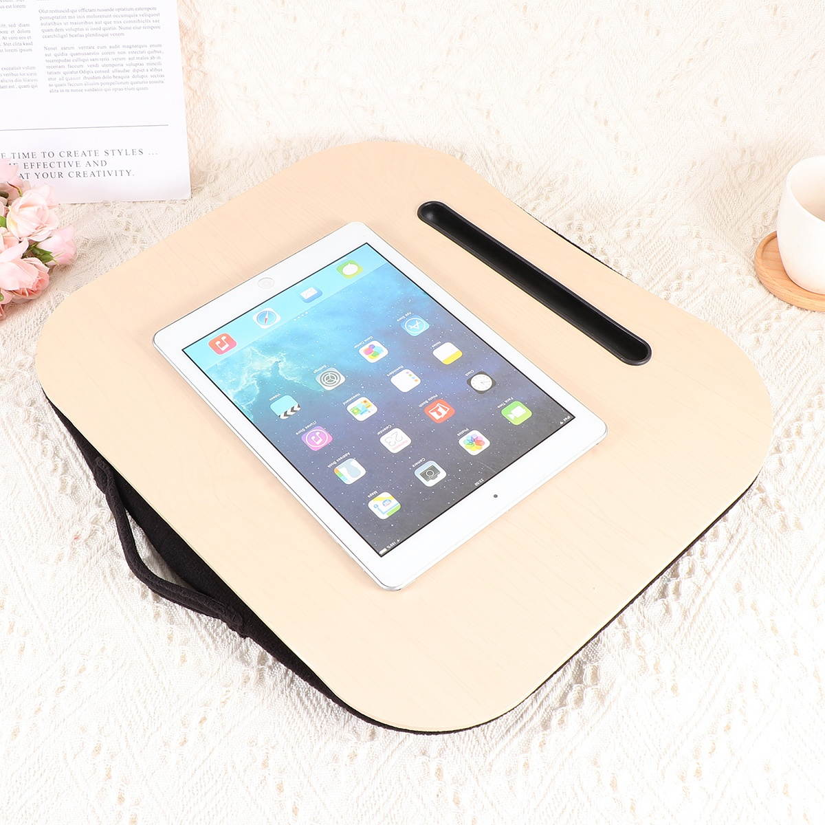 Multifunctional Tablet PC Holder Particle Interior Laptop Storage Rack Tablet Table Stand with Slot (Brown Grain)