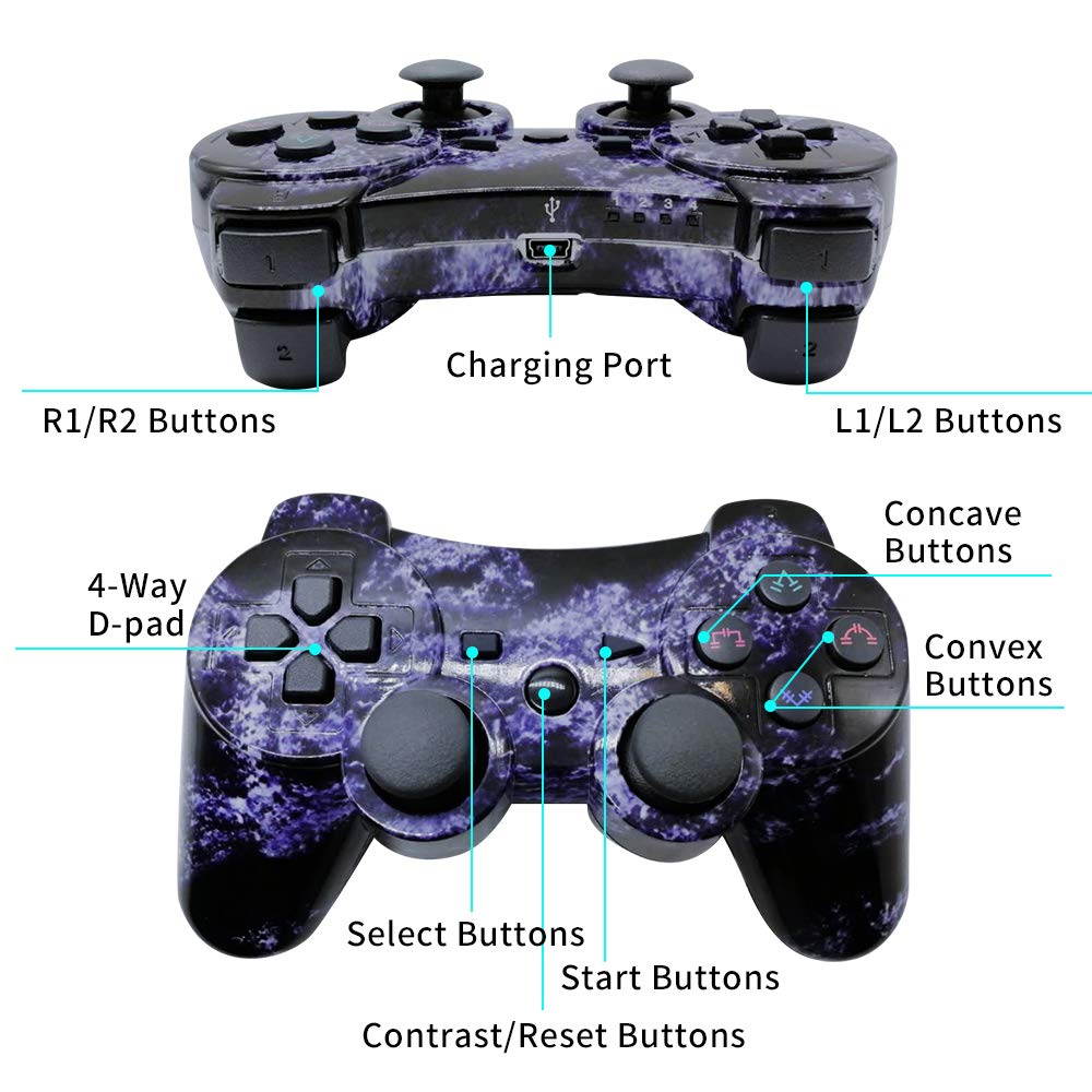 CHENGDAO PS3 Controller Wireless Dual Shock Gamepad for Sony Playstation 3 with Charging Cord (purple rosy clouds)