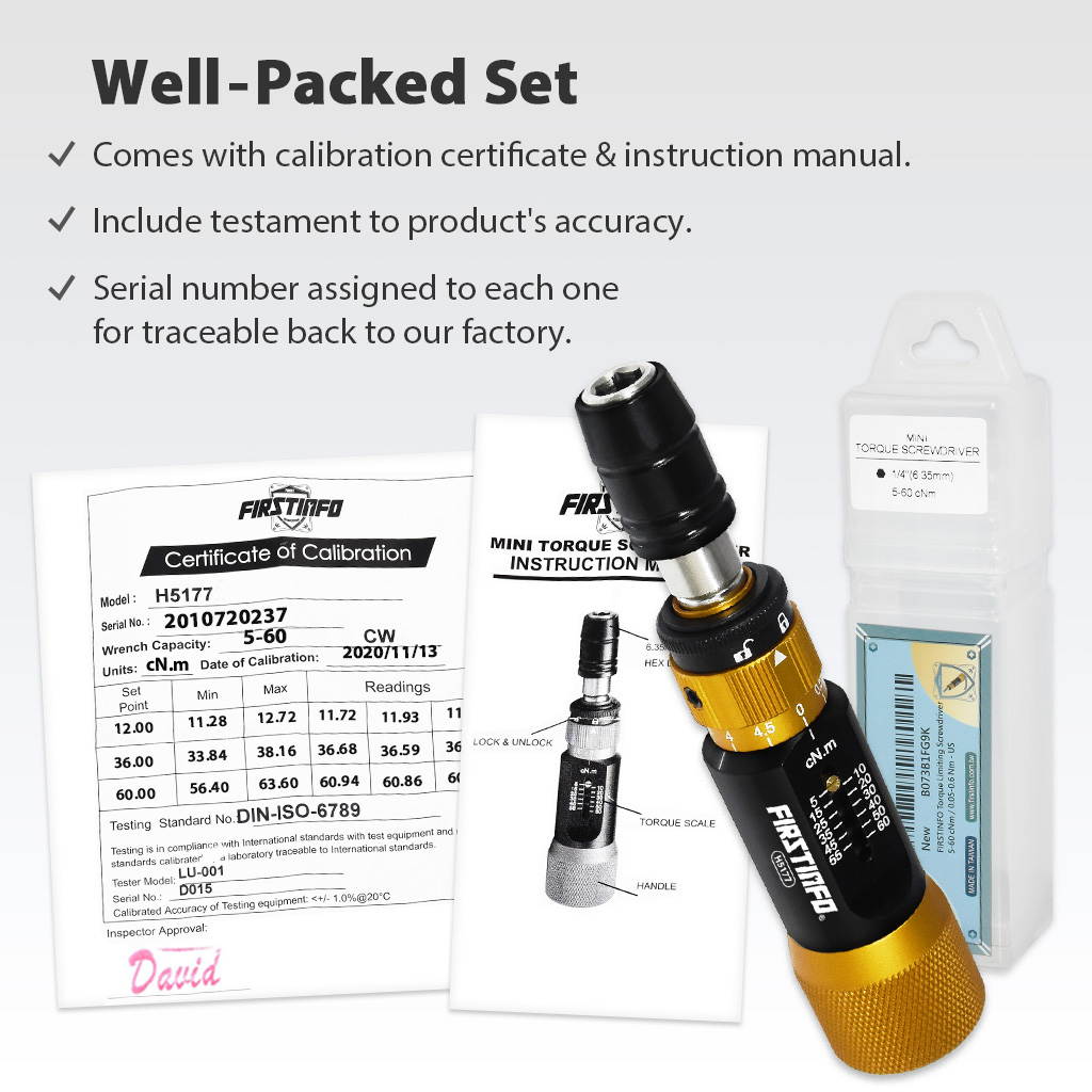 FIRSTINFO Ultra Precision Certified Torque Limiting Screwdriver, 1/4 Inch Universal Hex Quick Release Bit Holder, 5-60 cNm (0.05-0.6 Nm)
