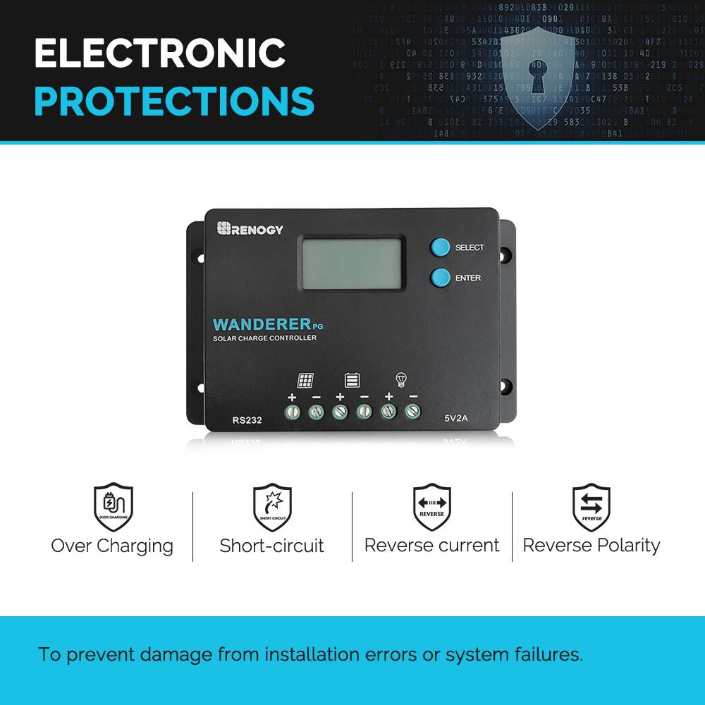 renogy wanderer 10 amp 12v/24v pwm common postive solar charge controller regulator compatible with deep cycle sealed agm gel, flooded batteries, and and bluetooth module