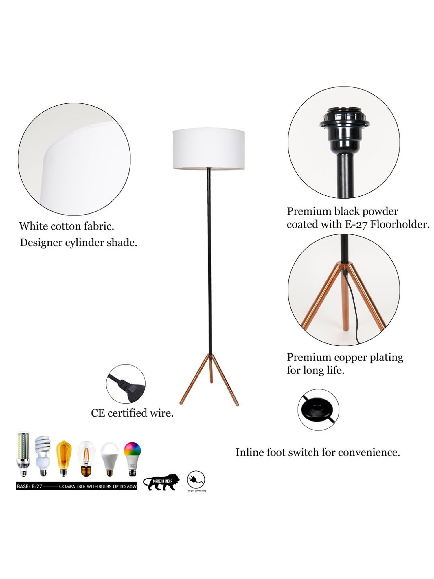 Kapoor Lamp Shades Black & White Metal Mizuko Cotton Shade Floor Lamp