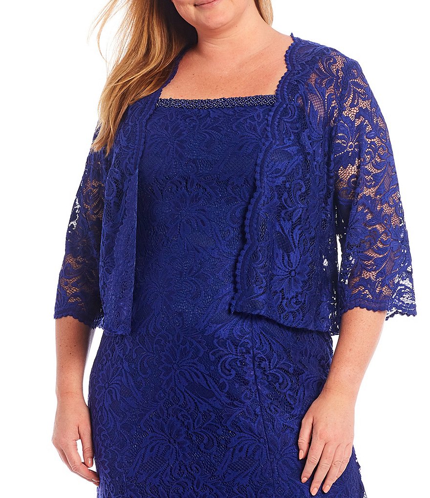 Le Bos Plus Size Square Neck 3/4 Sleeve Beaded Lace 2-Piece Jacket Dress