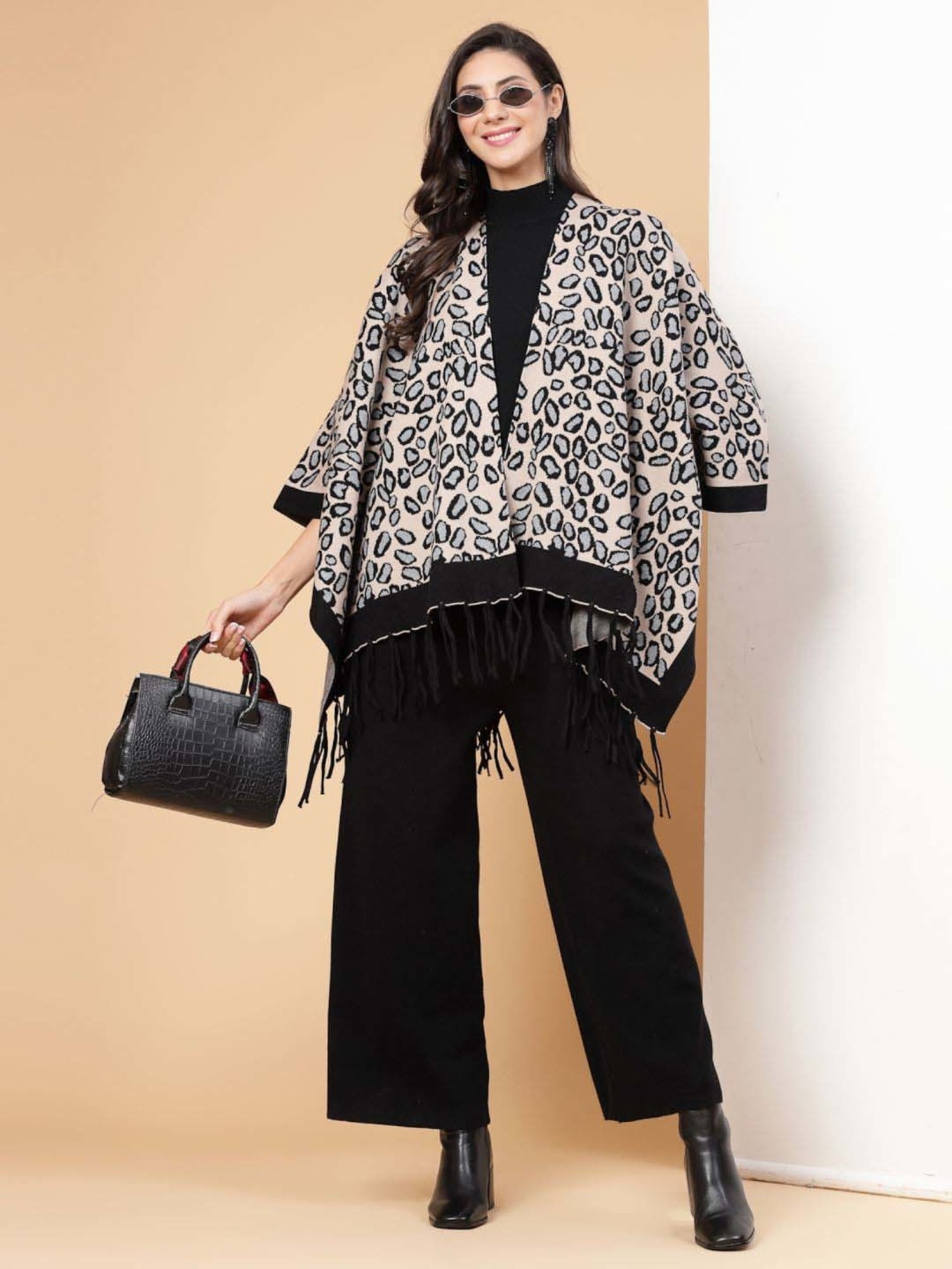 Mafadeny Beige & Black Printed Top Pants Set With Shrug