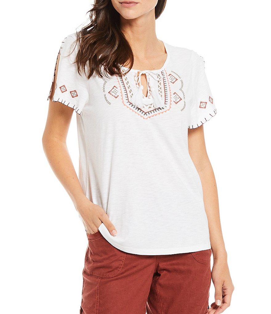 Aventura Kateri Embroidery & Whipstitch Slub Jersey Top