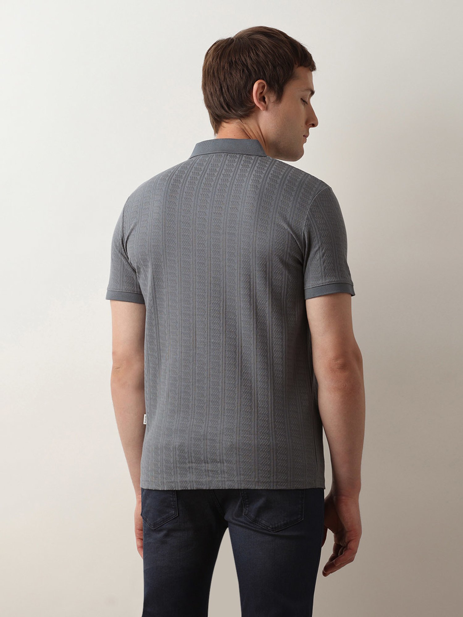 SELECTED HOMME Steel Blue Slim Fit Self Design Cotton Polo T-Shirt