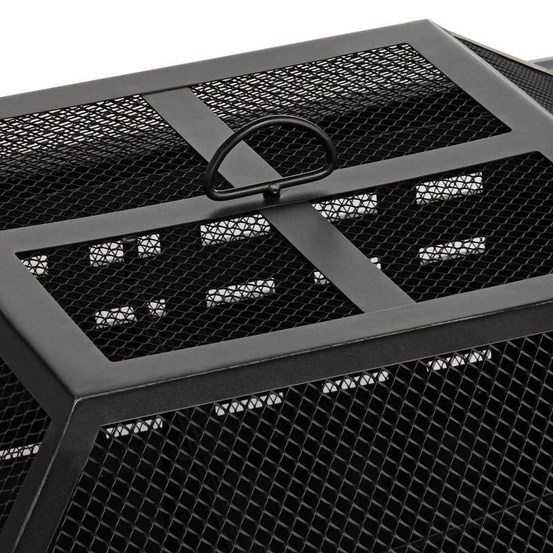 John Timberland Black Outdoor Fire Pit Square 35" Steel Metal Mesh Wood Burning with Spark Screen and Fire Poker for Outside Backyard Patio Camping