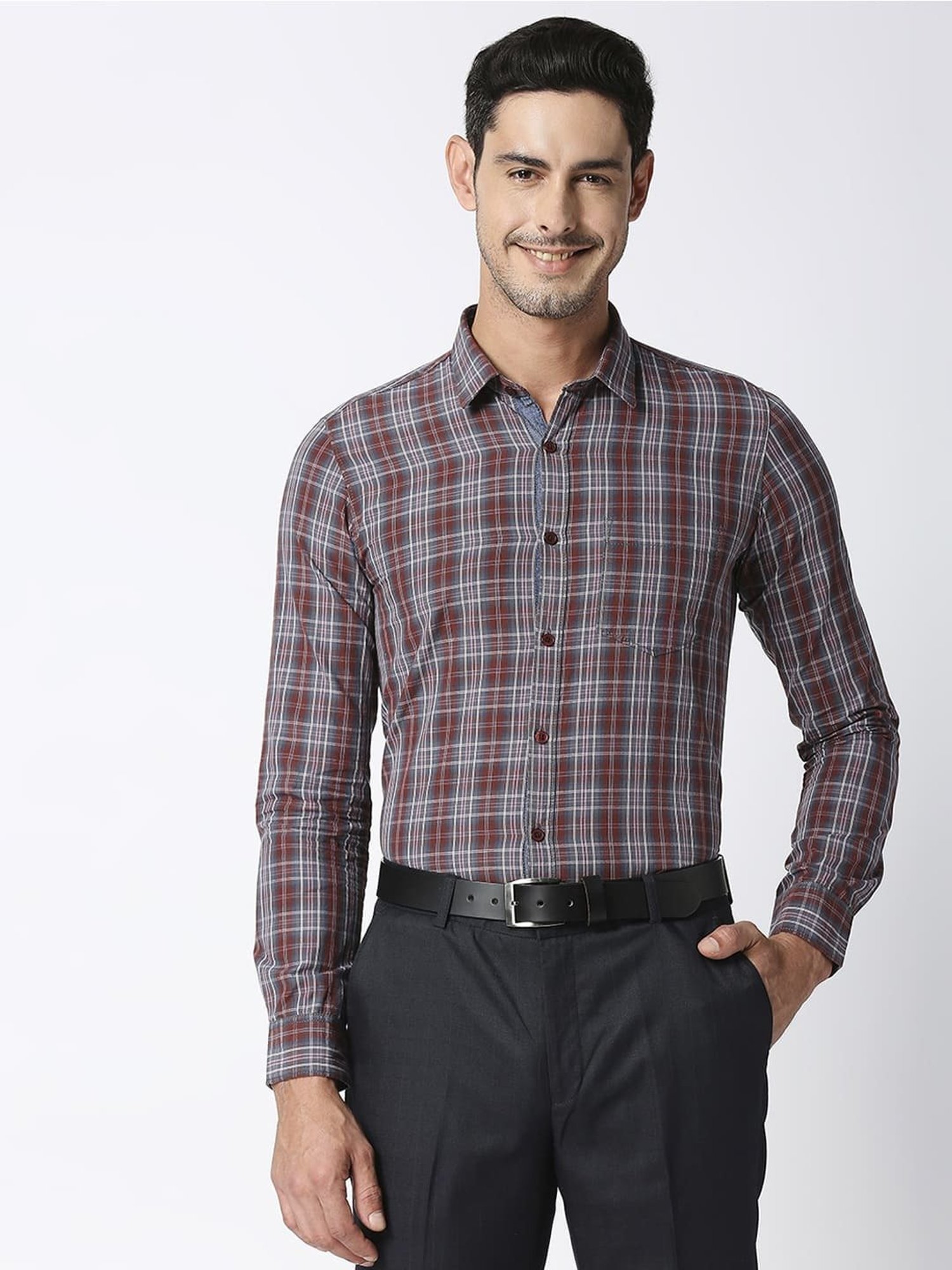 SOLEMIO Brown Slim Fit Check Cotton Shirt