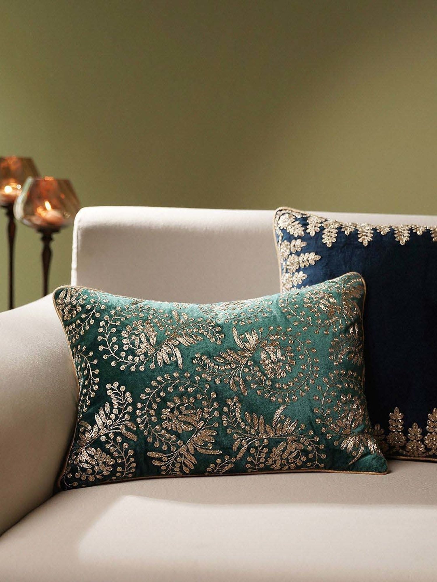 Pure Home and Living Teal Velvet Zari Embroidered Rectangular Cushion Cover