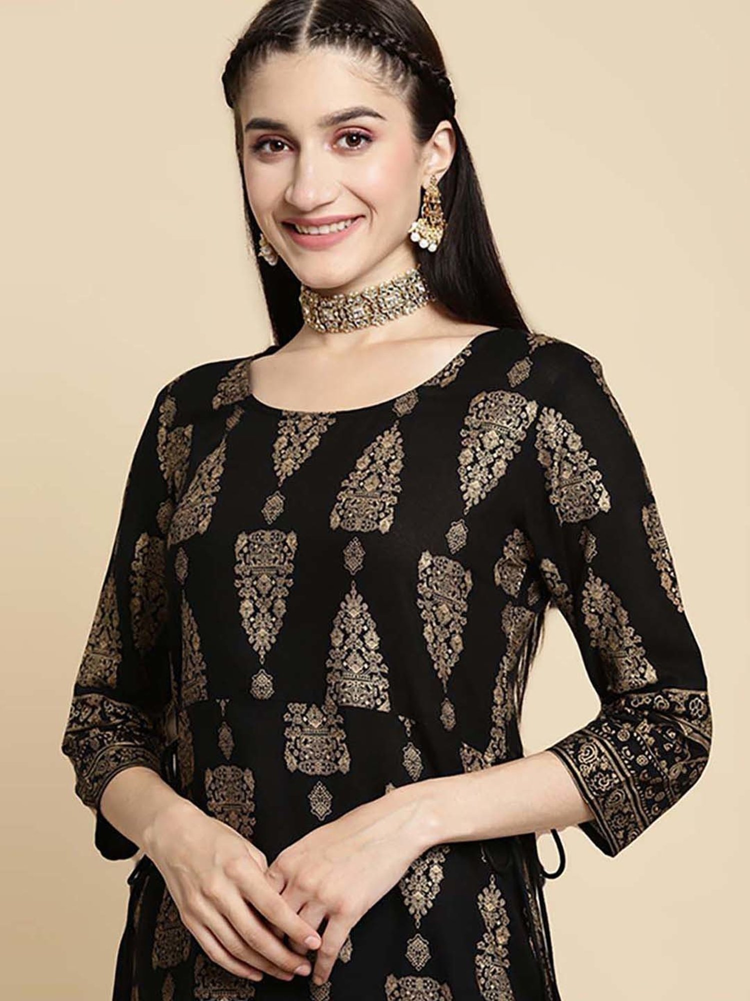 Rangita Black Floral Print Kurta Palazzo Set