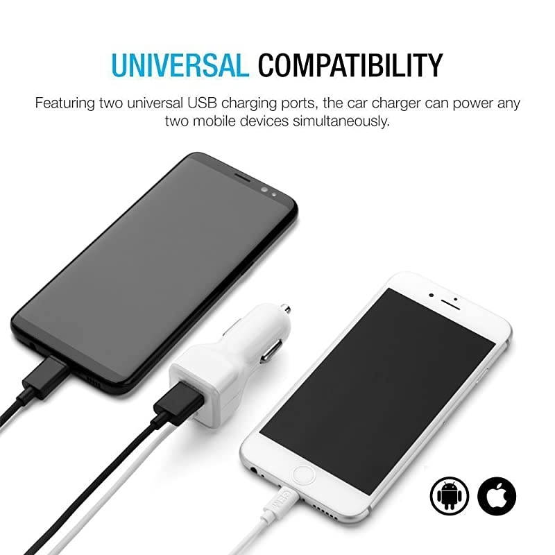 Certified iPhone Lightning Car Charger for iPhone 11 X XR XS 8 8 Plus 7 7 Plus 6S 6S Plus 6 Plus SE 5S iPad Pro Air 2 Mini 4 with Extra USB Port White