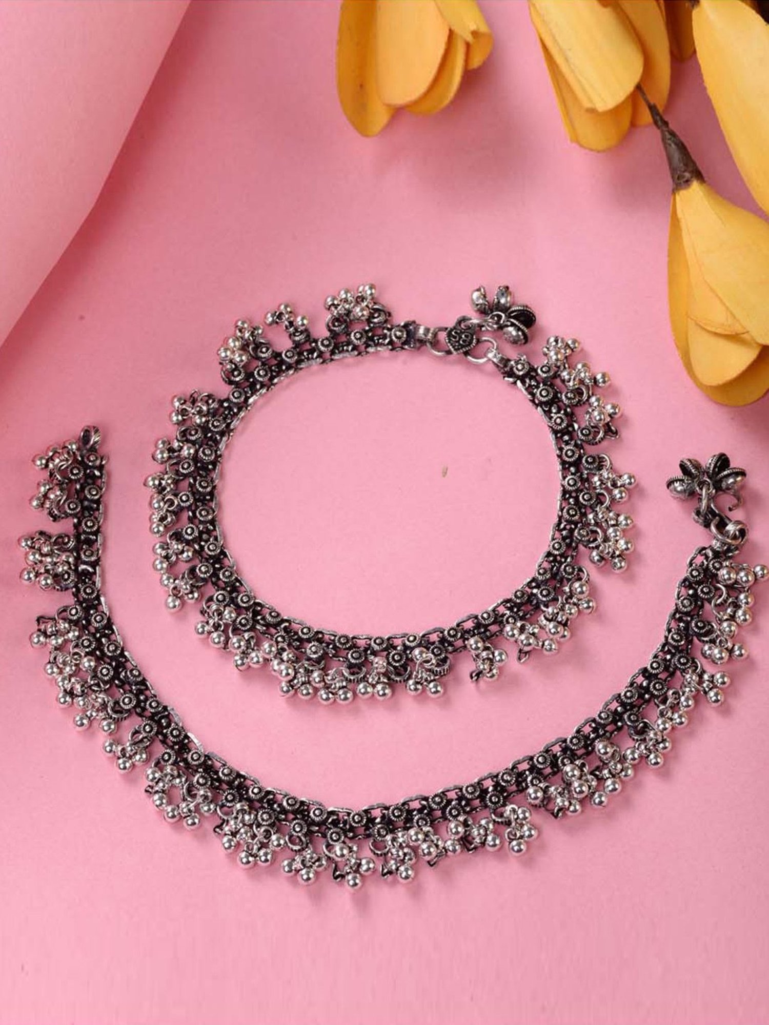 Saraf RS Jewellery Oxidized Silver-Plated Payal Anklets - Set of 2