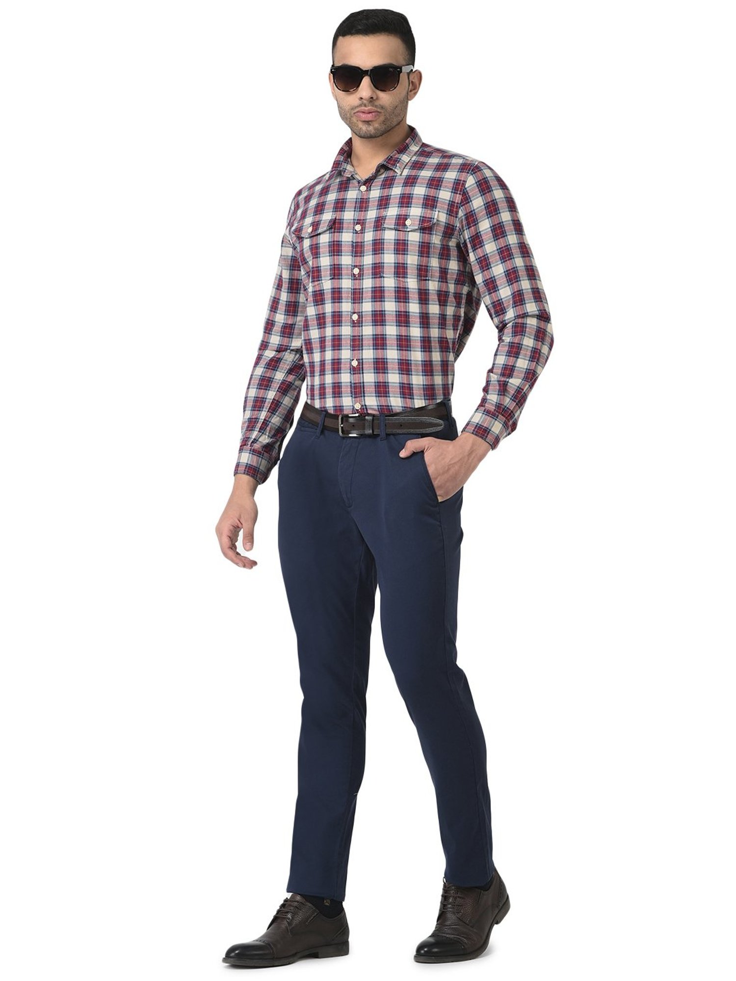 Woodland Navy Regular Fit Flat Front Trousers