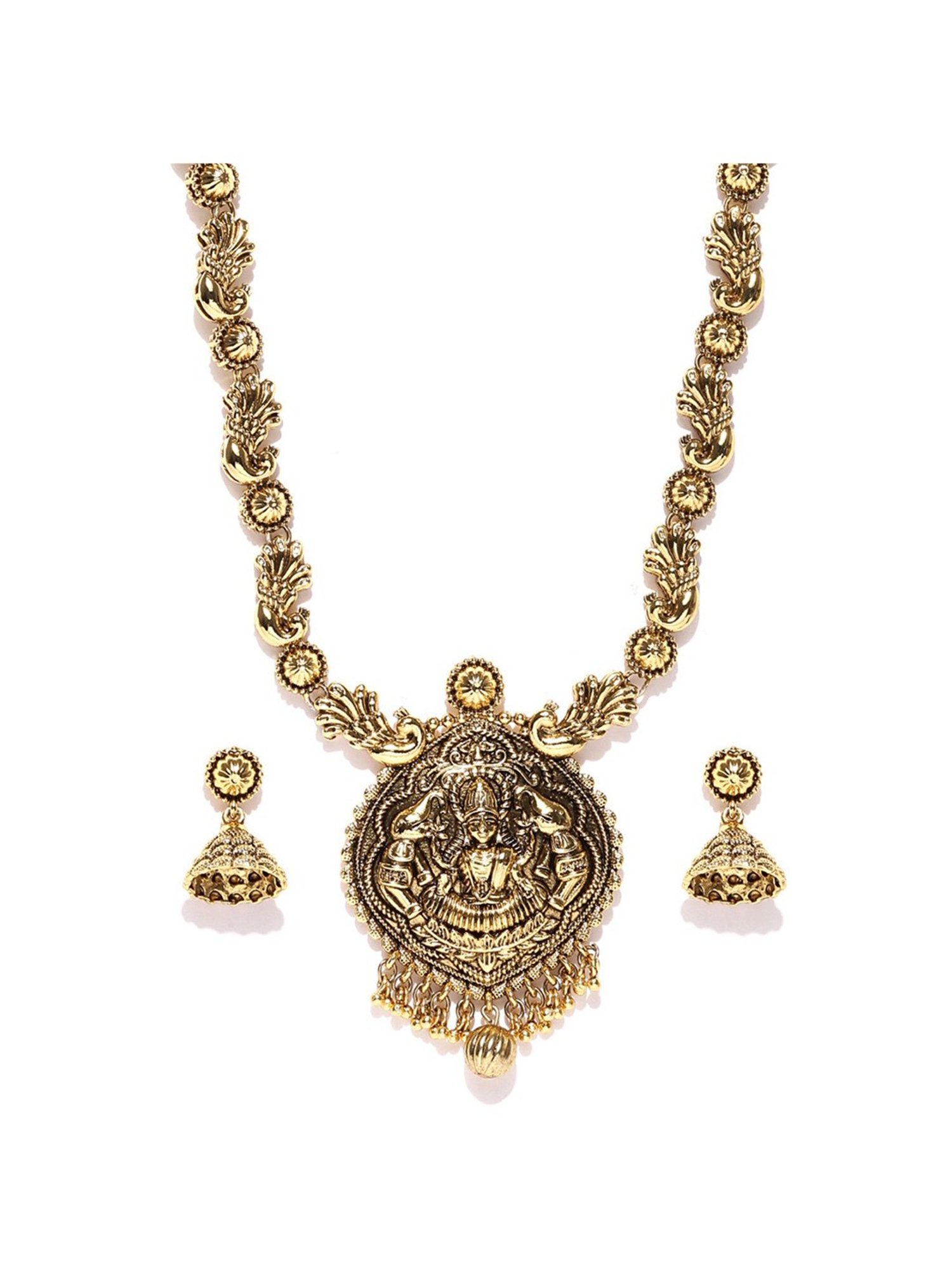 Zaveri Pearls Yellow & Black Alloy Temple Necklace Set