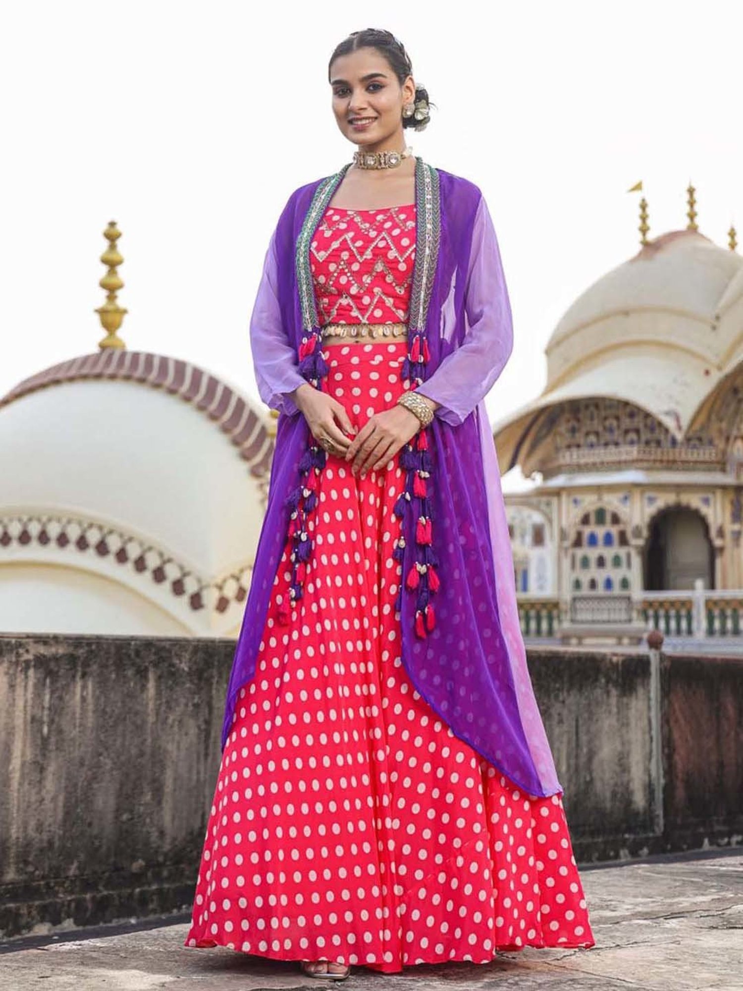 SCAKHI Pink Printed Lehenga Choli Set With Cape