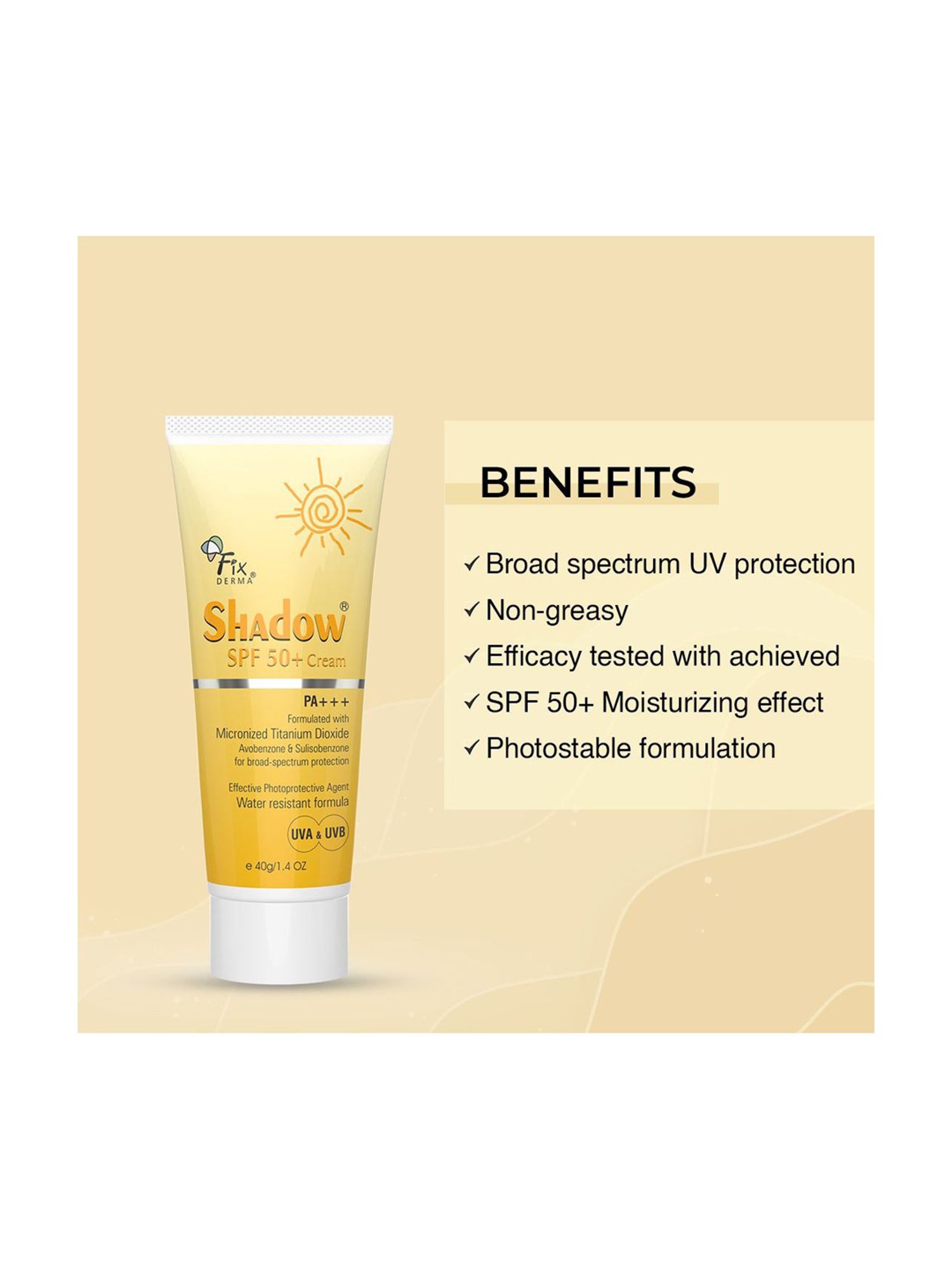 Fixderma Shadow Spf 50+ Cream, Broad Spectrum Uv Protection,Non-Greasy Sunscreen - 40 gm