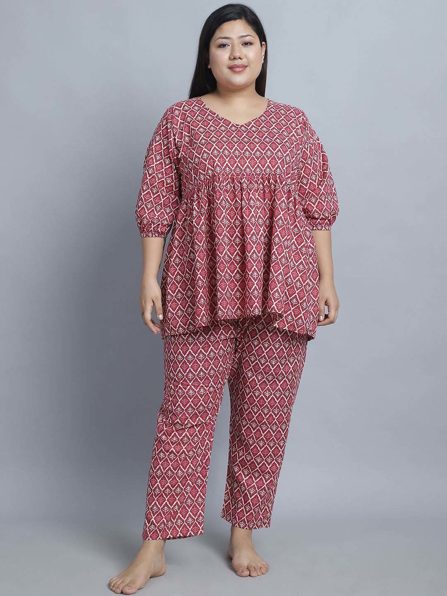 TAG 7 Maroon Cotton Printed Top Pyjamas Set