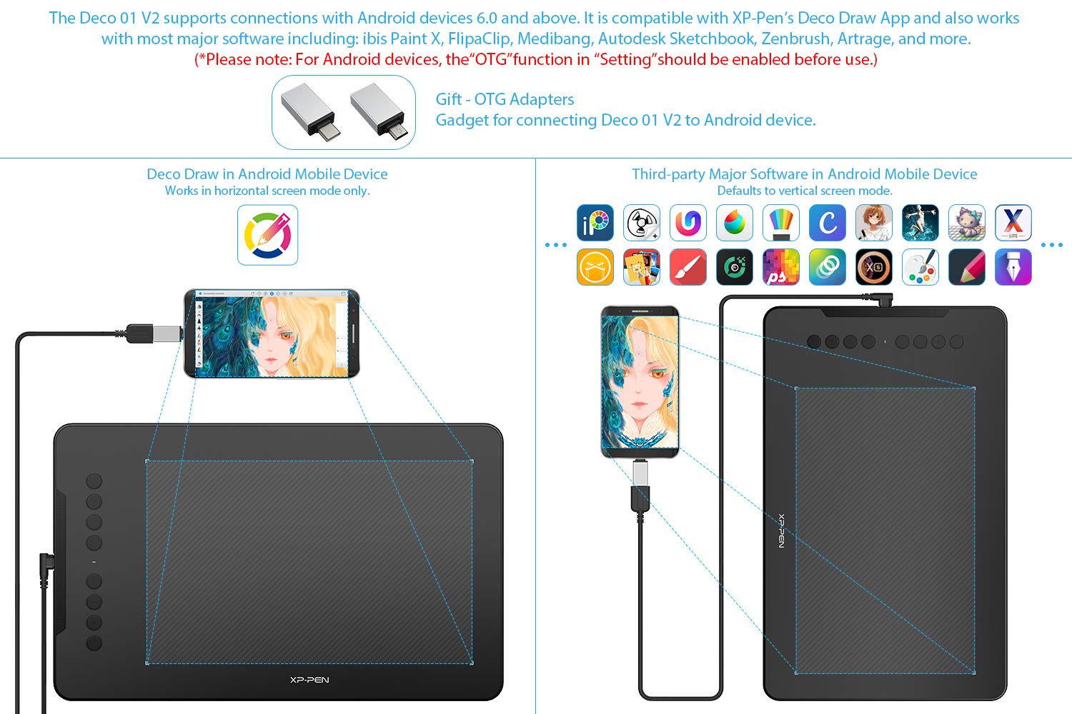 XP-PEN Deco 01 V2 Graphics Tablet 10x6.25 Inch Drawing Pen Tablet 8192 Levels Pressure Battery-Free Pen with Tilt Function Android Supported and 8 Shortcut Keys