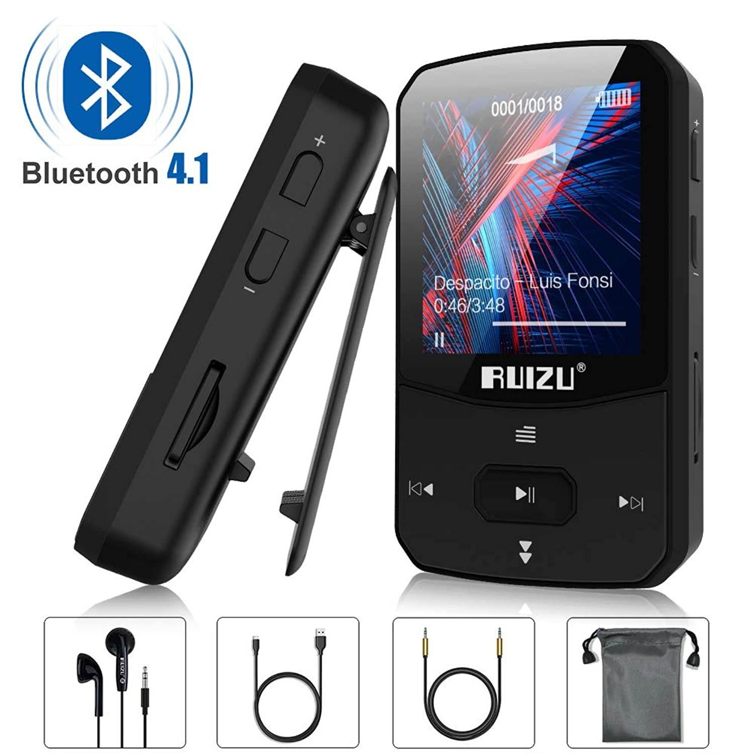 Clip Mp3 Player with Bluetooth 4.1, 8GB Lossless Sound Music Player with FM Radio Voice Recorder Video Earphones for Running, Support up to 128GB(Black)